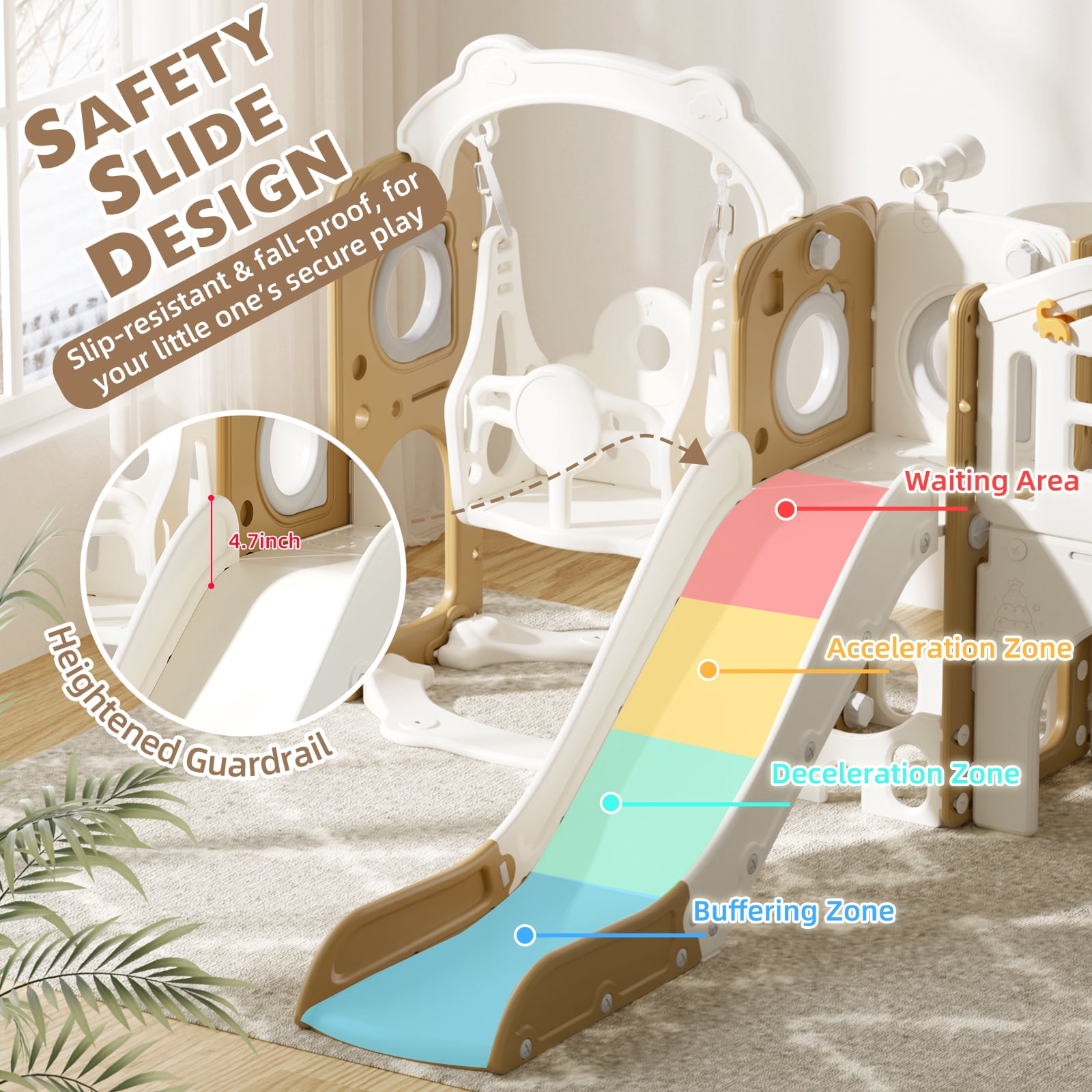 XJD 11-in-1 Toddler Slide and Swing Set, Indoor Outdoor Playground Playset with Basketball Hoop and Climbing Zone (Coffee, 1 Unit) hvqr9