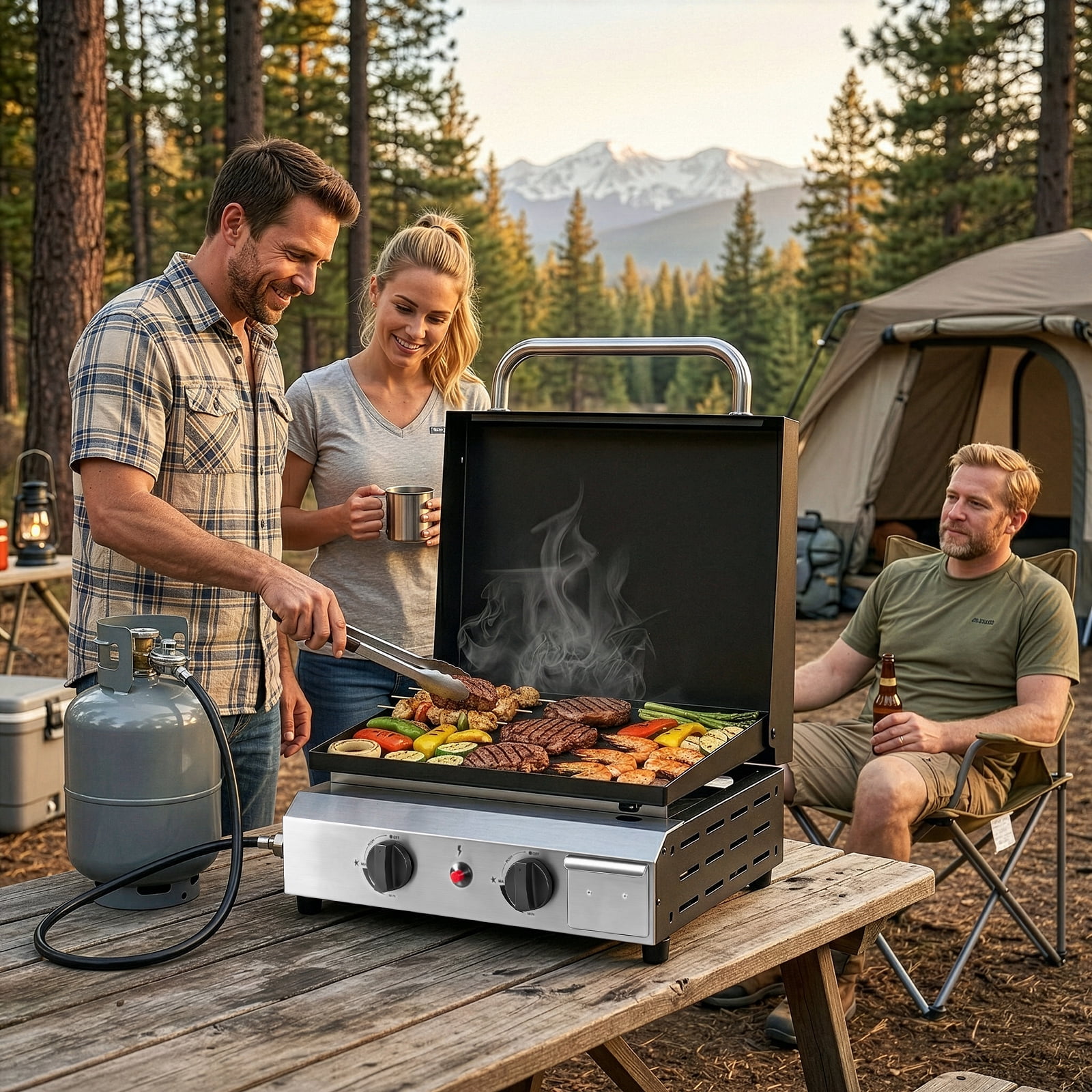 Zintown 20000 BTU Propane Griddle with Lid and Ignition, Portable Table Top Gas Grill for Outdoor Camping (Black, 17.3 in x 15.4 in x 11.4 in) wkb3b