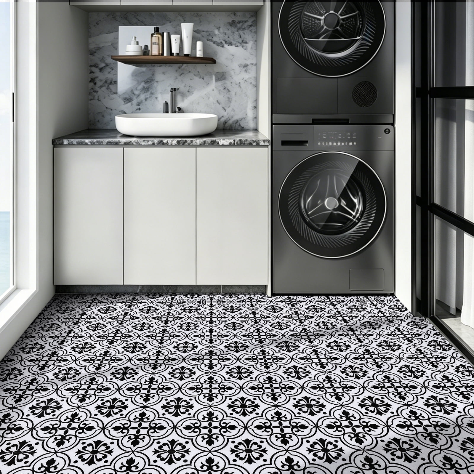Abyssaly Peel and Stick Vinyl Flooring Tile, Waterproof Self-Adhesive Decorative Floor Covering for Kitchen and Bathroom (Black and White Flower, 15.7 in x 157.5 in) x09m8