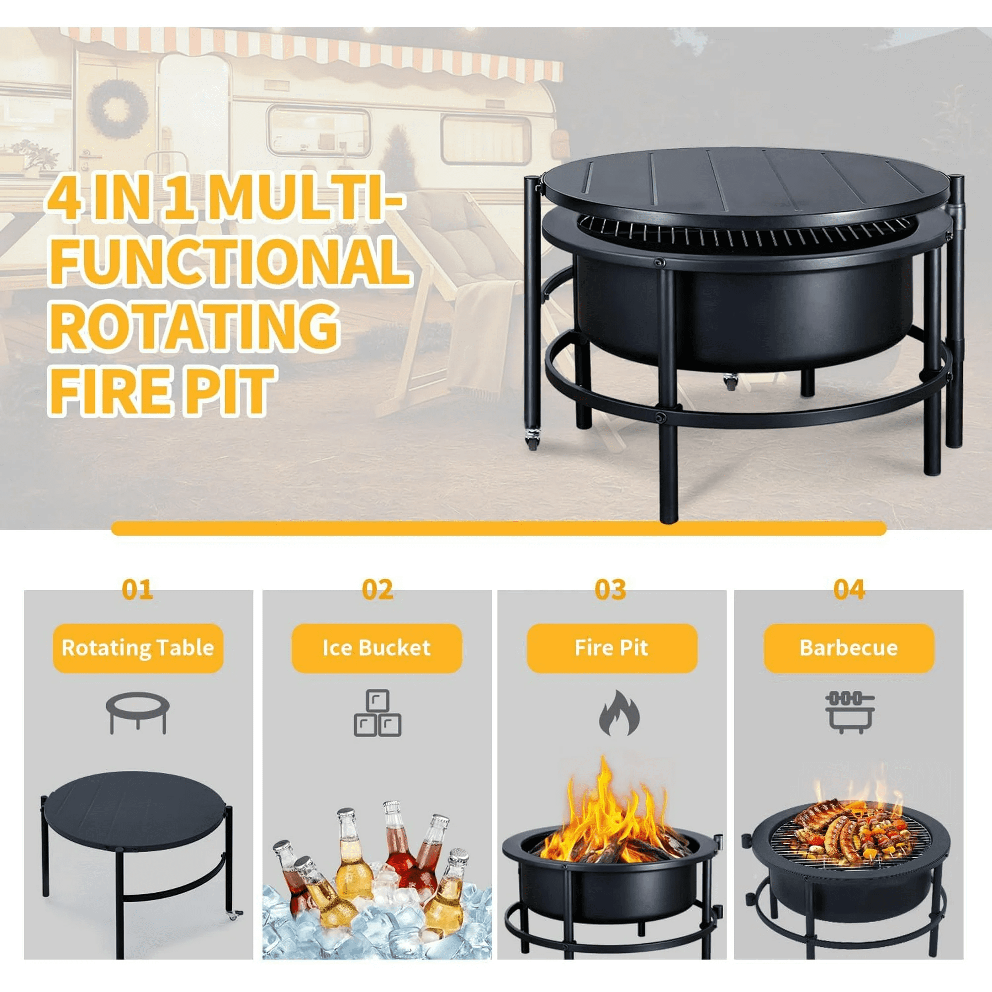 TMWINGS Outdoor Fire Pit with BBQ Grill and Rotating Table (Black, 56 in) 7enjl