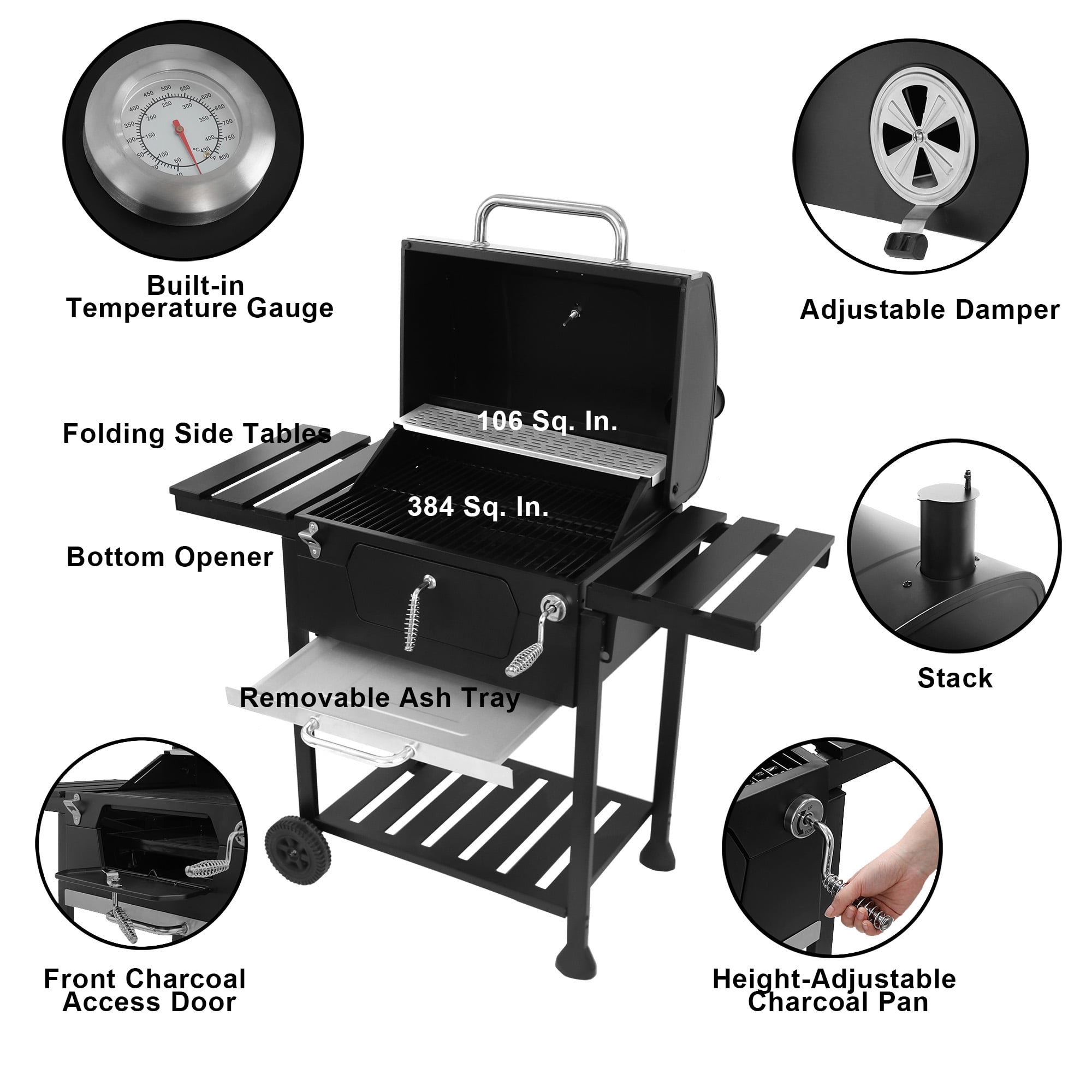 Royal Gourmet CD1824EN Charcoal BBQ Grill with Adjustable Charcoal Pan and Side Tables (Black, 474 sq in) e9i79