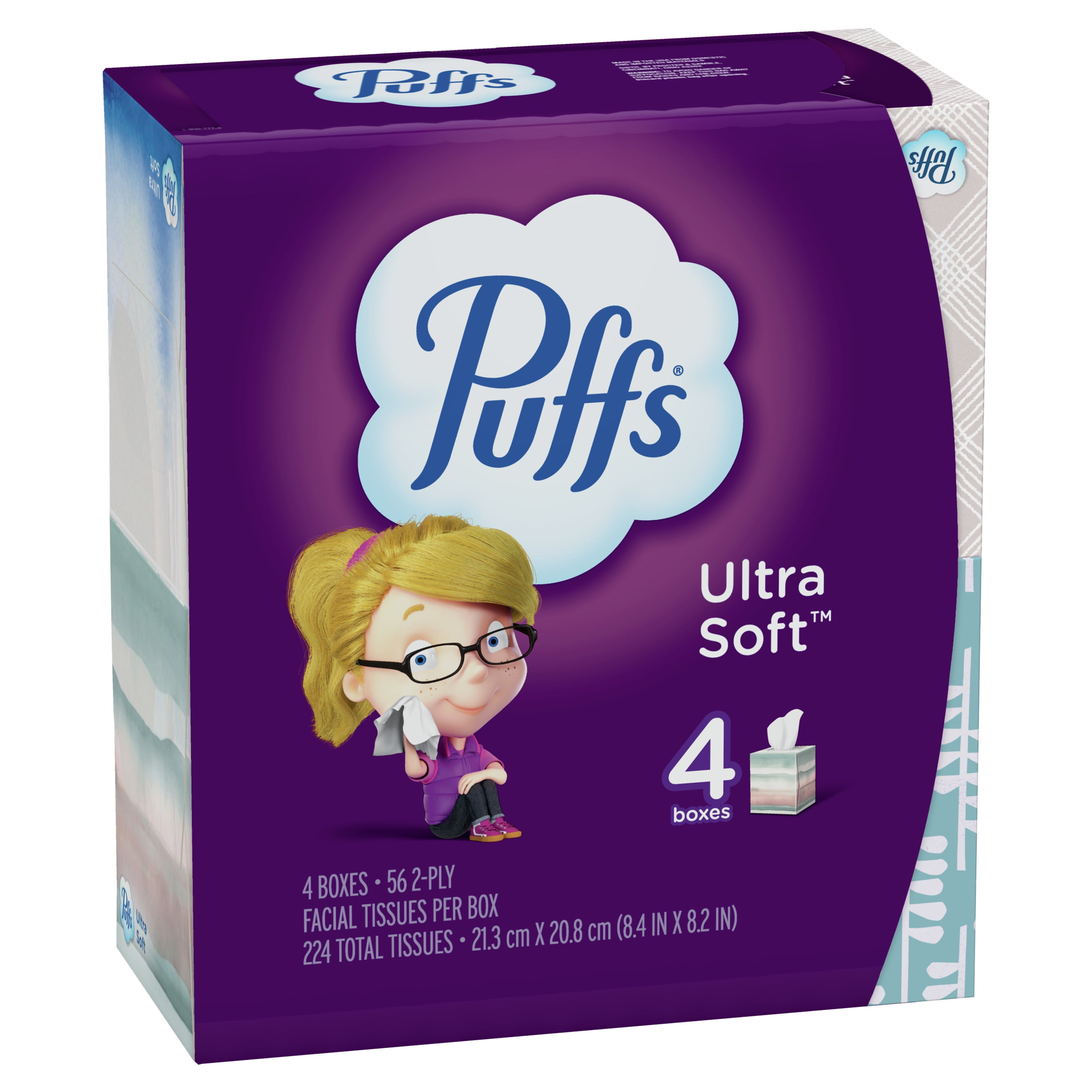 Puffs Ultra Soft Facial Tissues, Gentle Cushion-Soft Thickness (White, 4 Count, 224 Total Tissues) 5uzs6