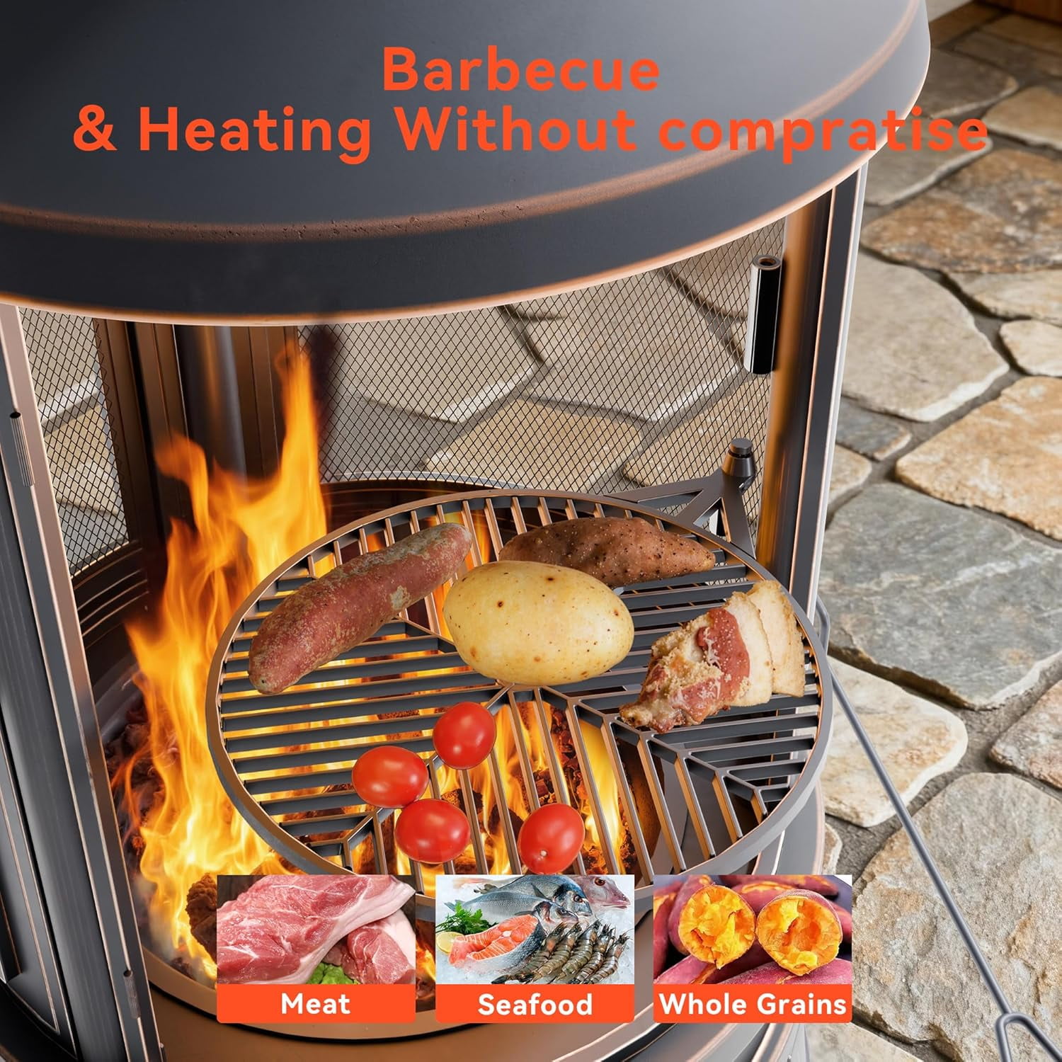 ASJMR Outdoor Wood Burning Fire Pit with 2 Rotating Grills, Smokeless Design, and Metal Mesh Spark Guard (Black, 24 in x 24 in x 30 in) cqfqt