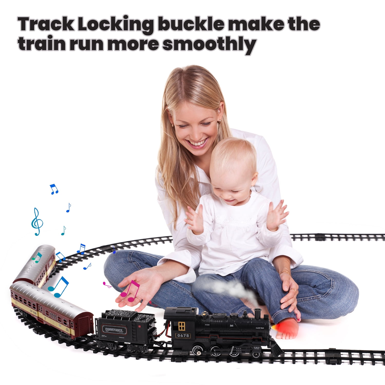 AUOSHI Electric Train Set with Remote Control, Steam Locomotive Engine with Lights, Sounds, and Smoke (71 in x 31 in) icsl7