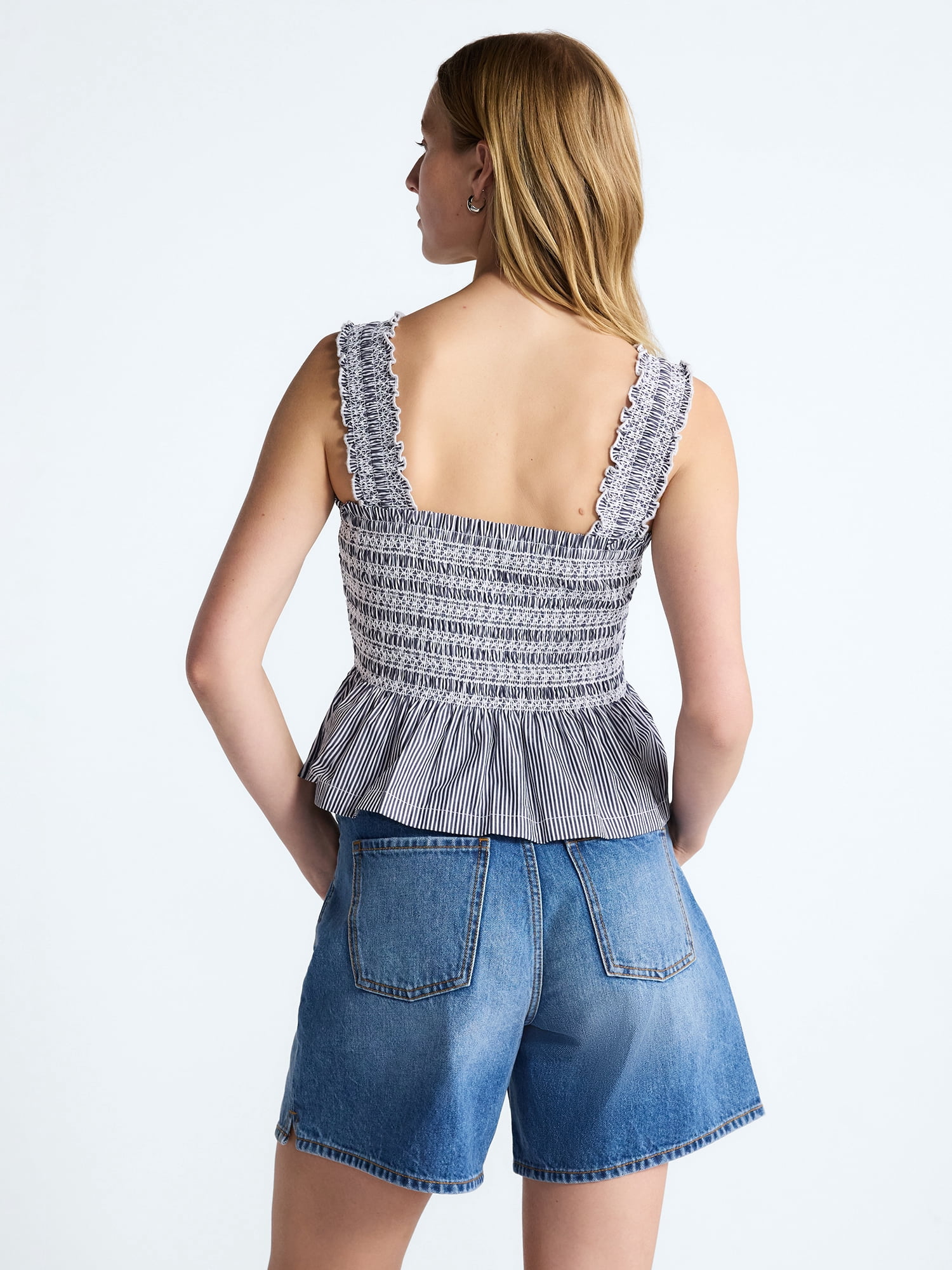 Free Assembly Women's Smocked Cotton Tank Top with Peplum Hem (Striped, XS-4X) vv5k1