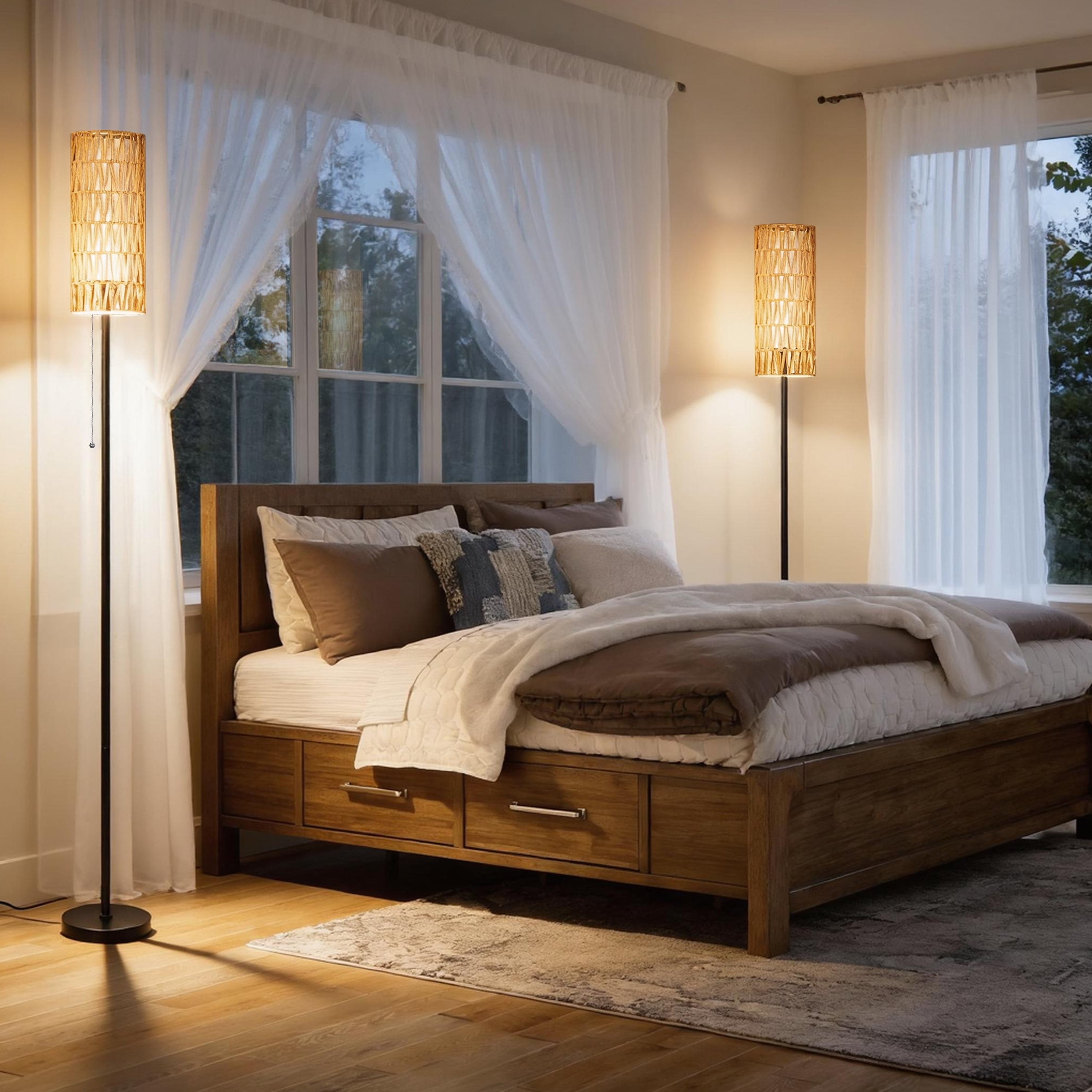 Coliware 63 in Rattan Floor Lamp, Modern Standing Pole Lamp with Dual Shade and Pull Chain (Black, 63 in) 7tbs8