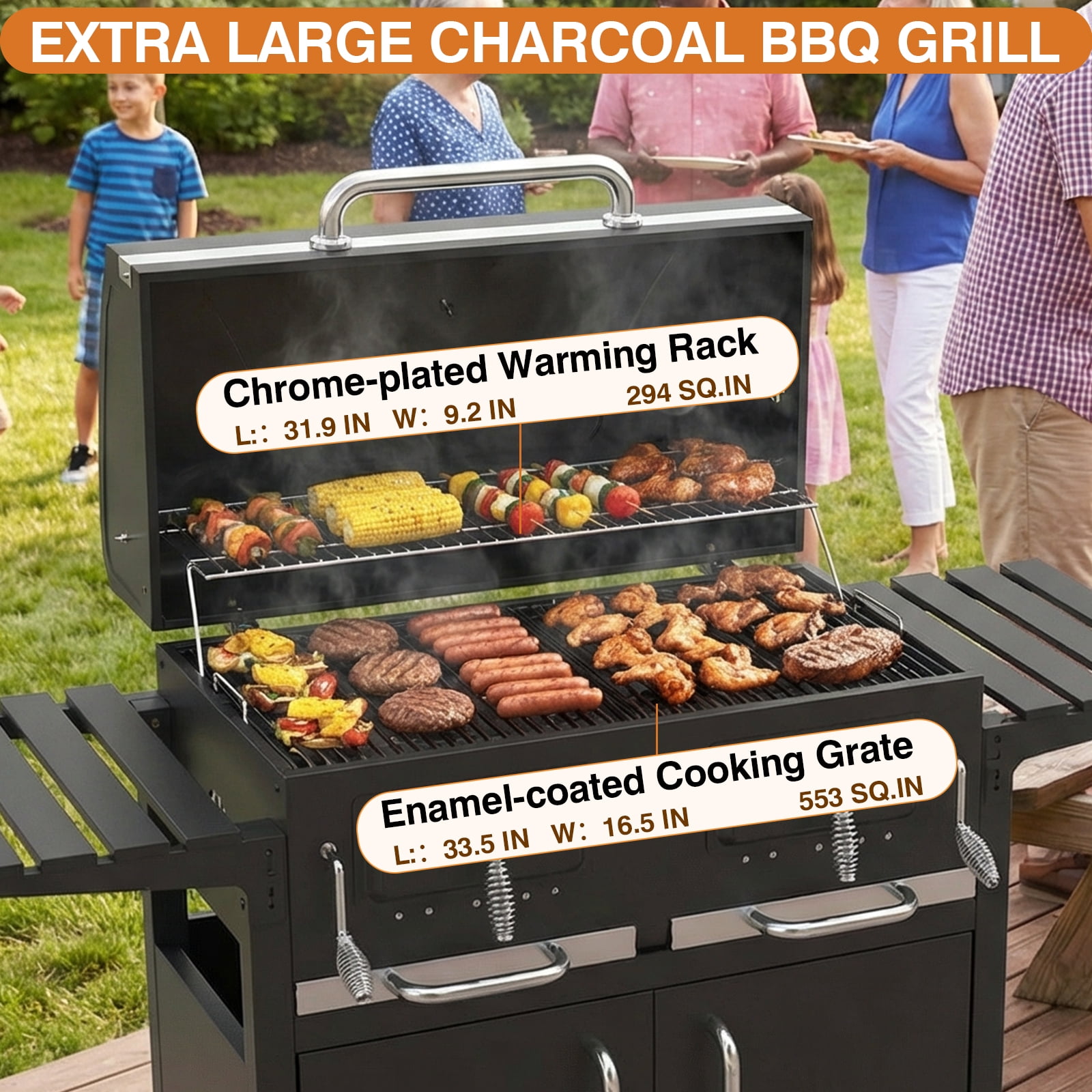 Frizi Charcoal Grill Outdoor BBQ with Dual Adjustable Trays and Foldable Side Tables (Large) vxyb2