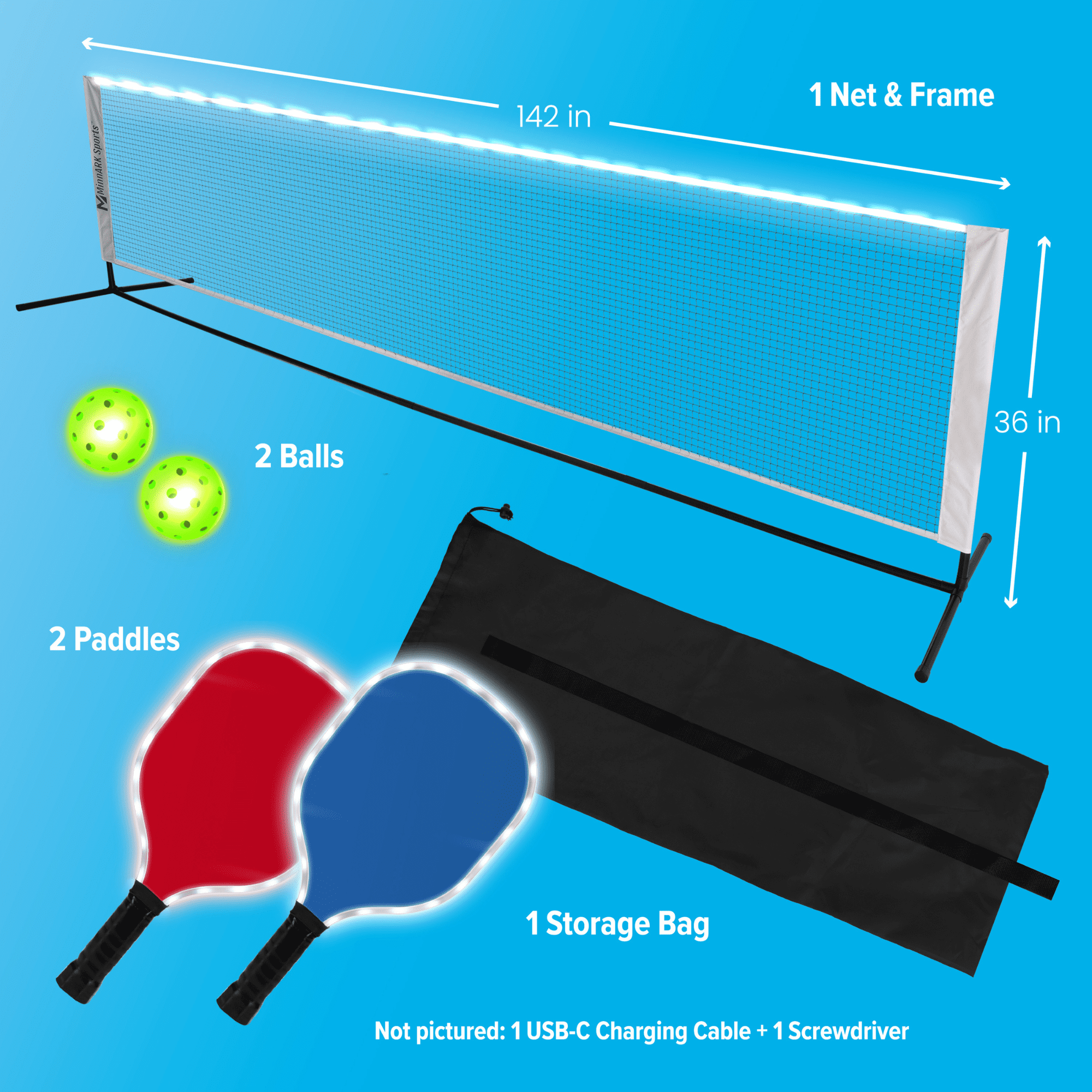 MinnARK LED Pickleball Set with Light-Up Net, Paddles, and Balls (142 in) qoe08