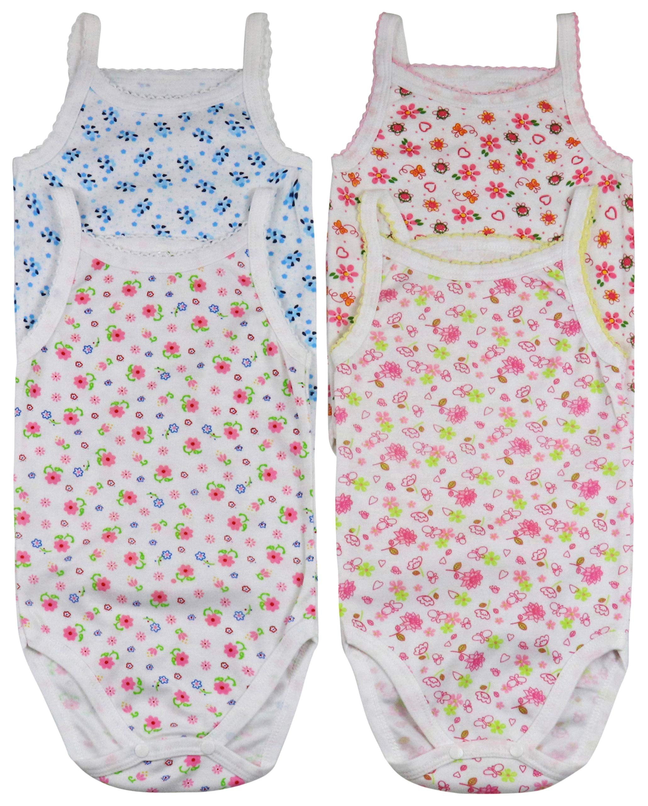ToBeInStyle Girls' Ultra-Soft Cotton Spaghetti Strap Bodysuits with Ruffle Trim (Floral, 4 Pack, 3-6 Months) vopxu