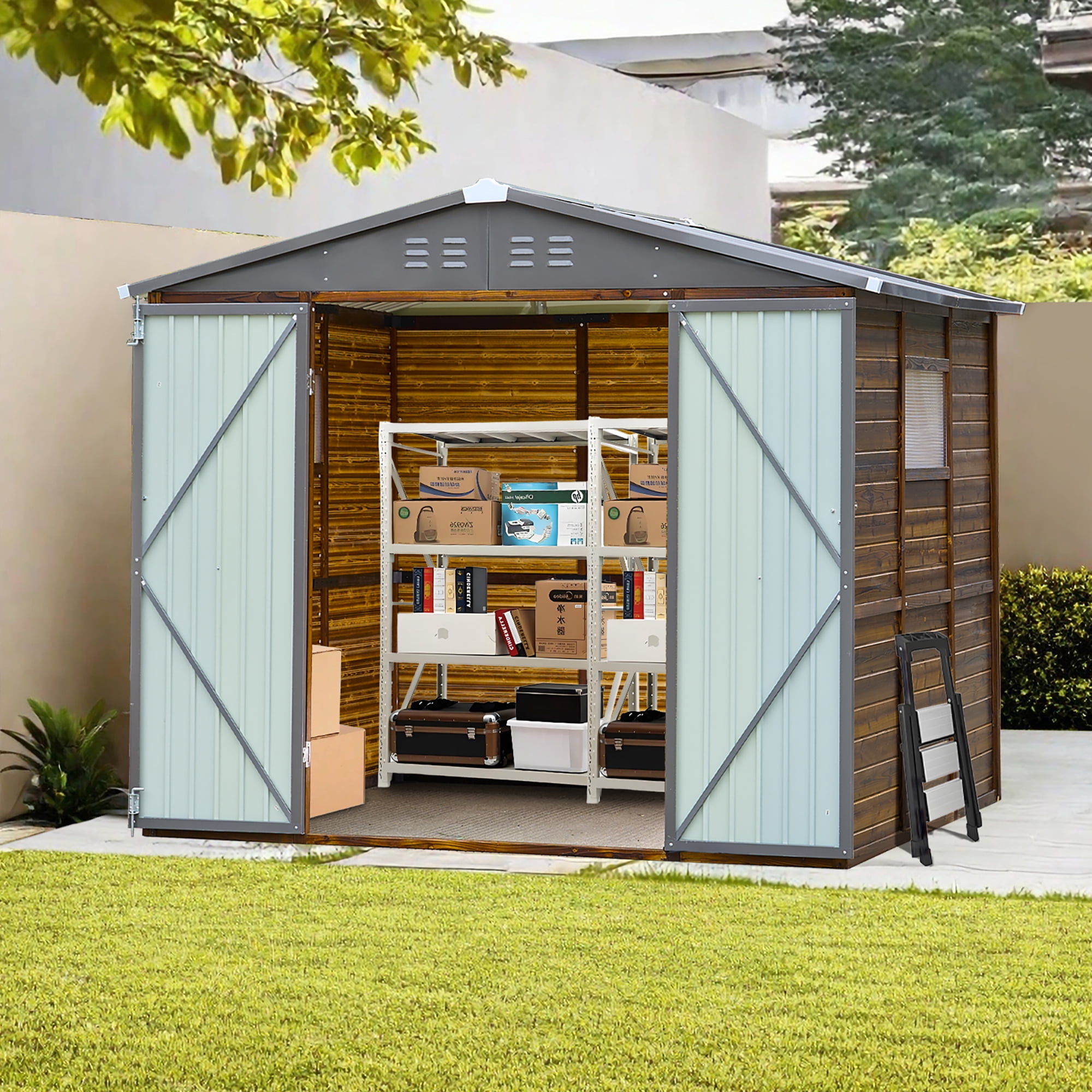 FFZ Iron-Wood Outdoor Tool Shed, Weatherproof Storage House for Garden and Garage (Dark Gray, 87.2x71.46x77.95 in) oe0uf