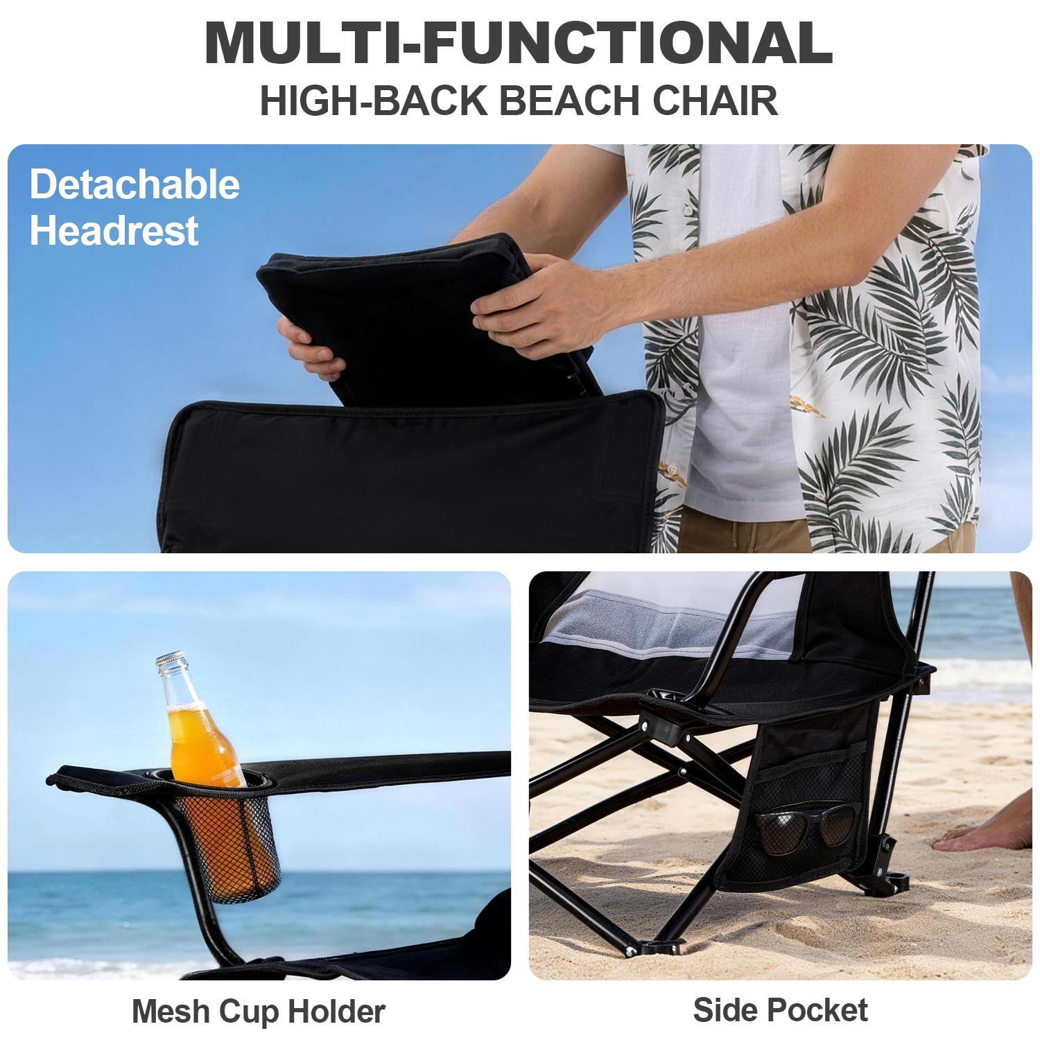 Walchoice Low Beach Chair, Heavy Duty Folding Camping Chair with High Back, Detachable Pillow, and Cup Holder (Black, 30.7 in Wide Seat) appdq