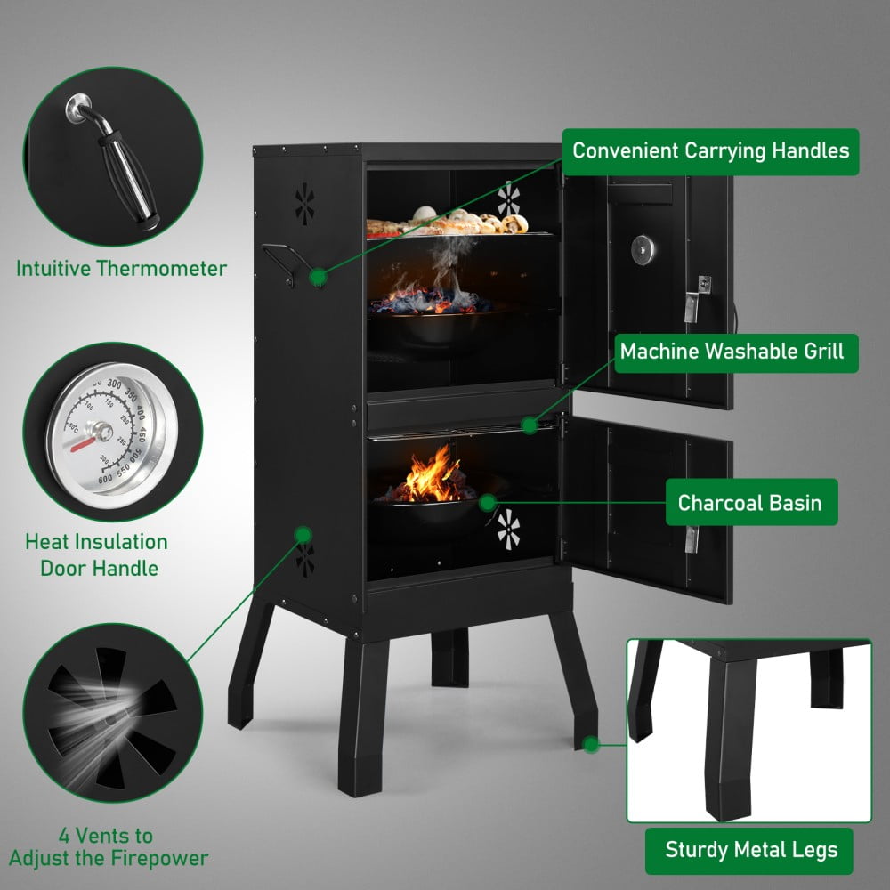 IVV Vertical Charcoal Smoker with Double Doors, Heavy-Duty Carbon Steel BBQ Grill for Outdoor Cooking (Black, 2-Rack) clunc - Image 4