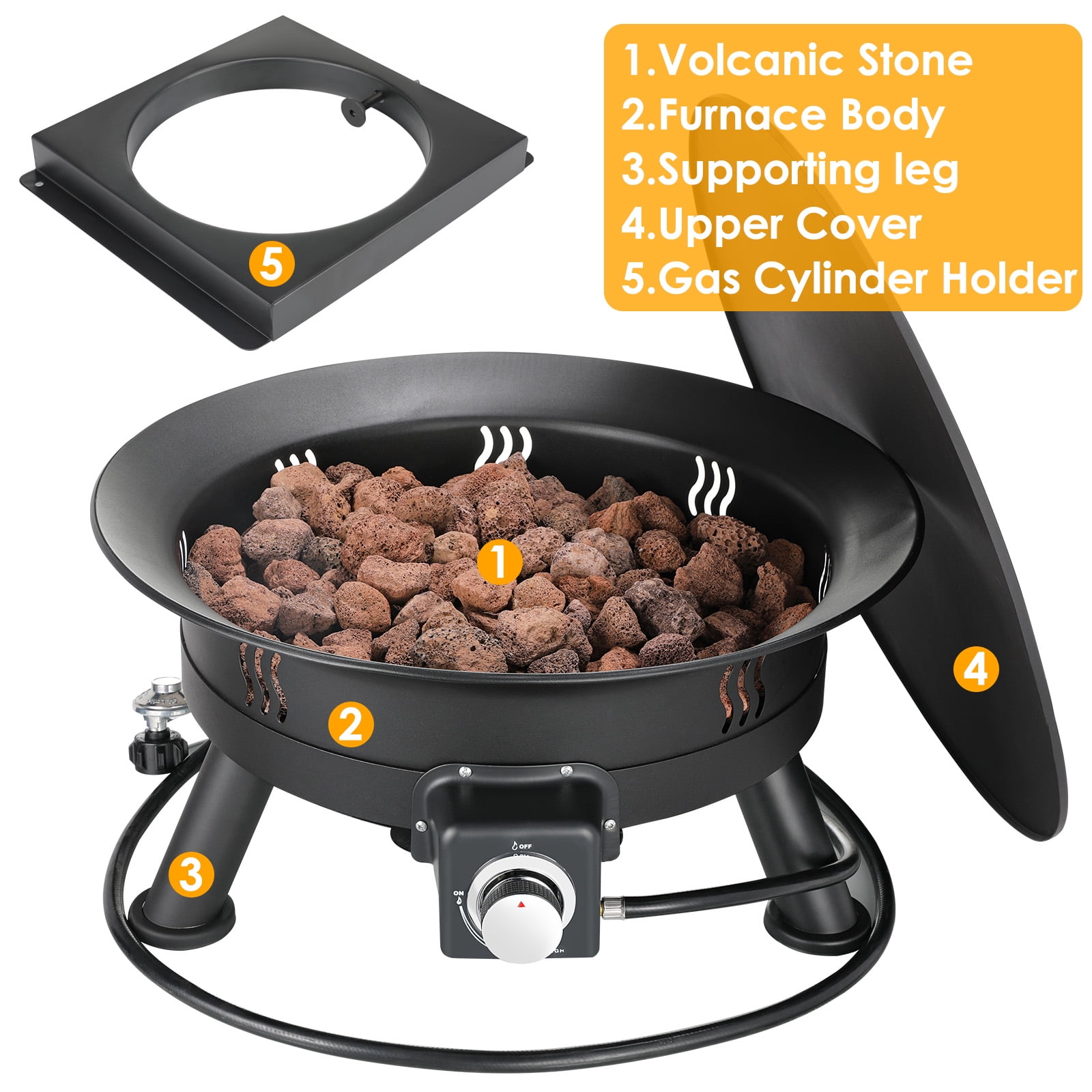 LAZY BUDDY Portable Propane Gas Fire Pit, Outdoor Smokeless Heating with Cover and Lava Rocks (24 in) wtqay