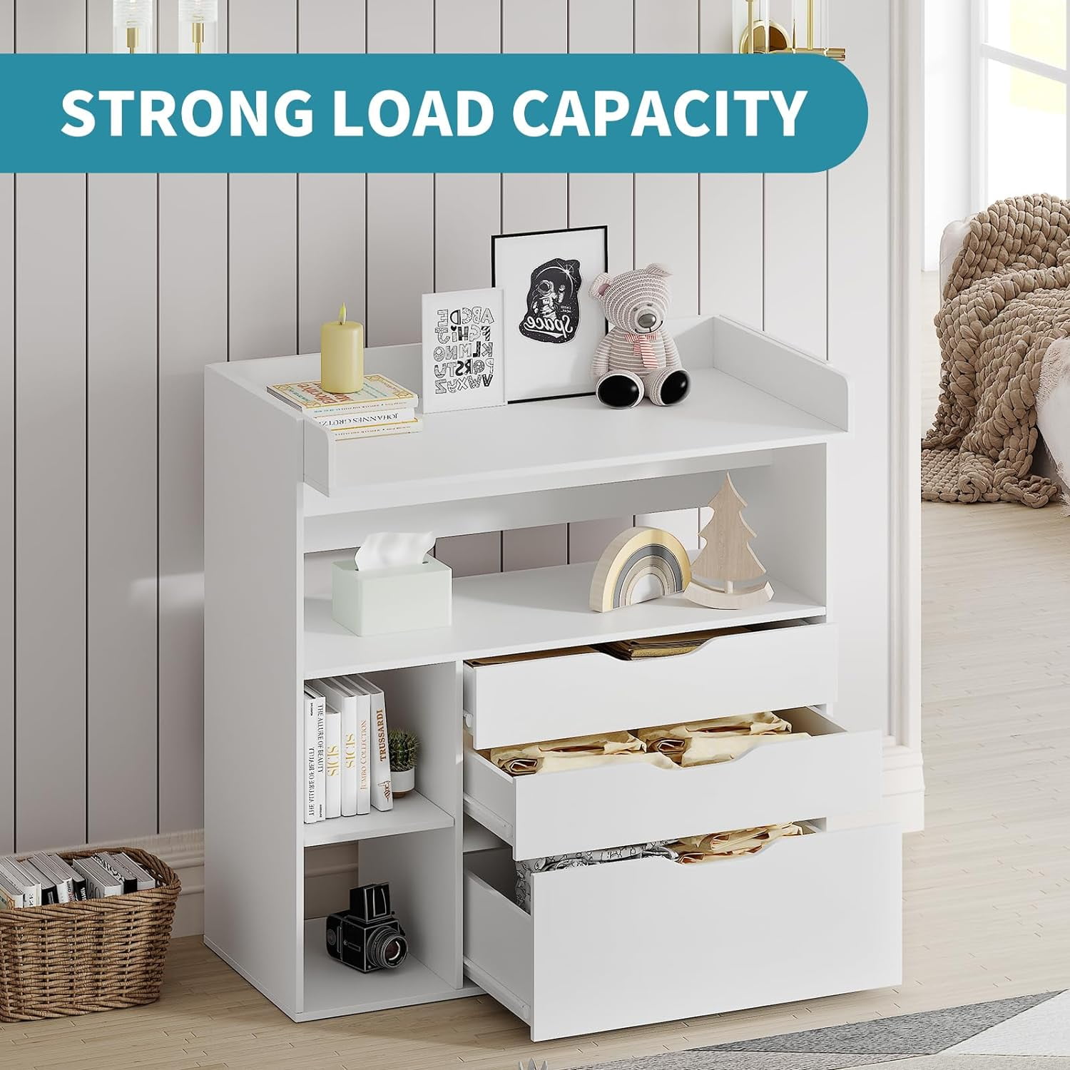 Linor Baby Changing Table Dresser with 3 Drawers and 3 Storage Shelves (White, 34.3 in x 18.5 in x 34.5 in) lfr9j