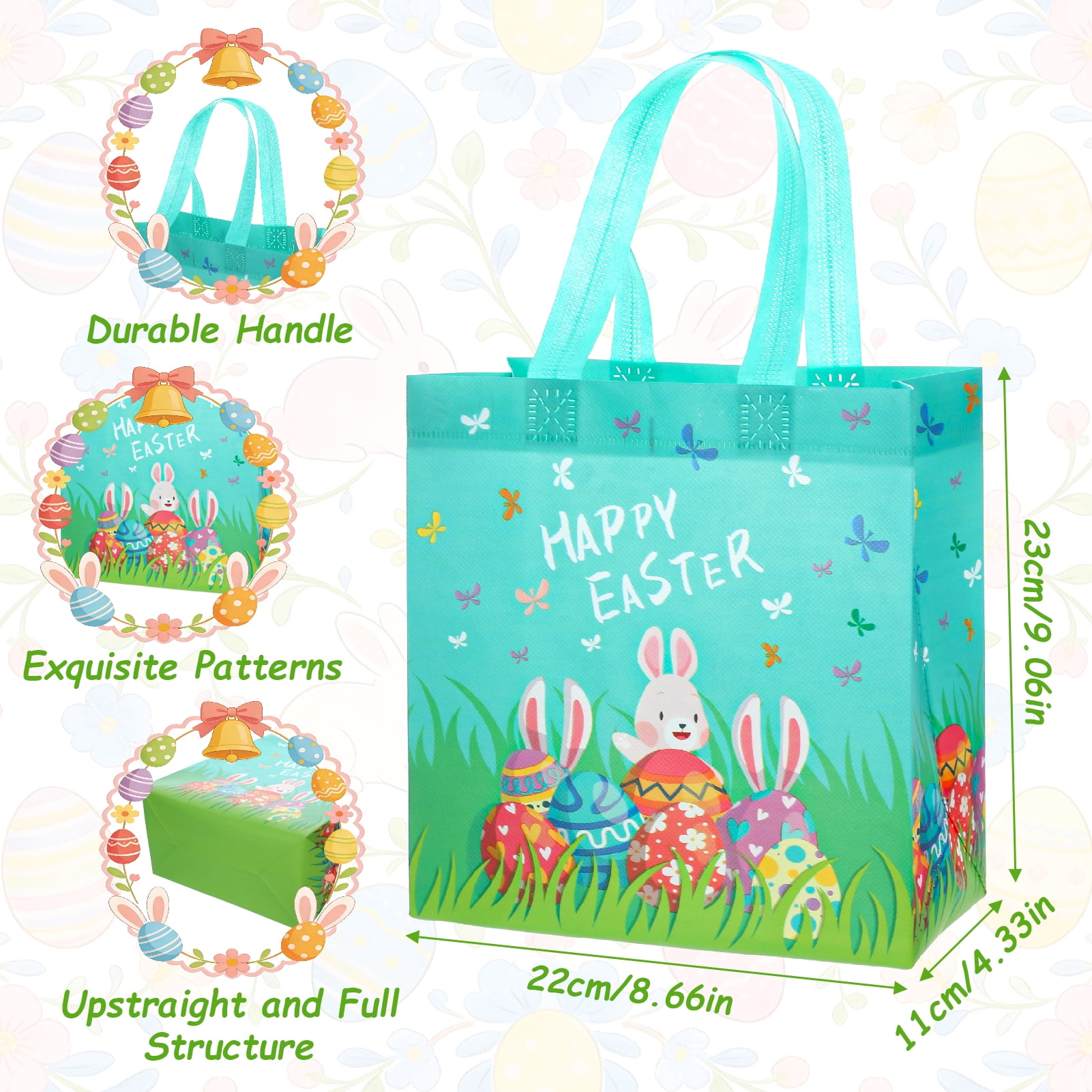 sixwipe Easter Gift Bags with Handles, Reusable Non-Woven Tote Bags for Egg Hunts and Party Favors (Blue, 12 Pack, 8.6x4.3x9 in) 7bxvg