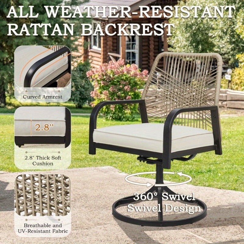 U-HOMY 7-Piece Outdoor Dining Set, 6 PE Woven Rattan Swivel Chairs with UV-Resistant Cushions & Steel Slat Table (Beige, 7-Piece Set) w076y