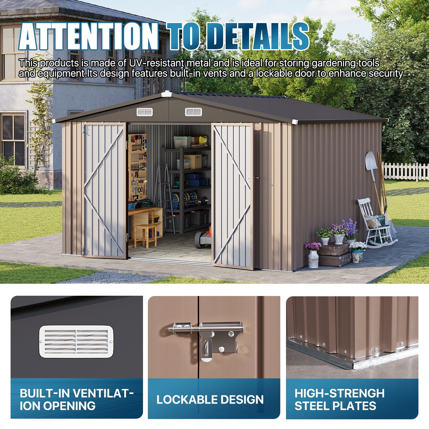 Clouddwell Outdoor Storage Shed, Heavy-Duty Metal Garden Utility Building with Lockable Double Doors and Sloped Roof (Brown, 10 ft x 12 ft) 5u1zr