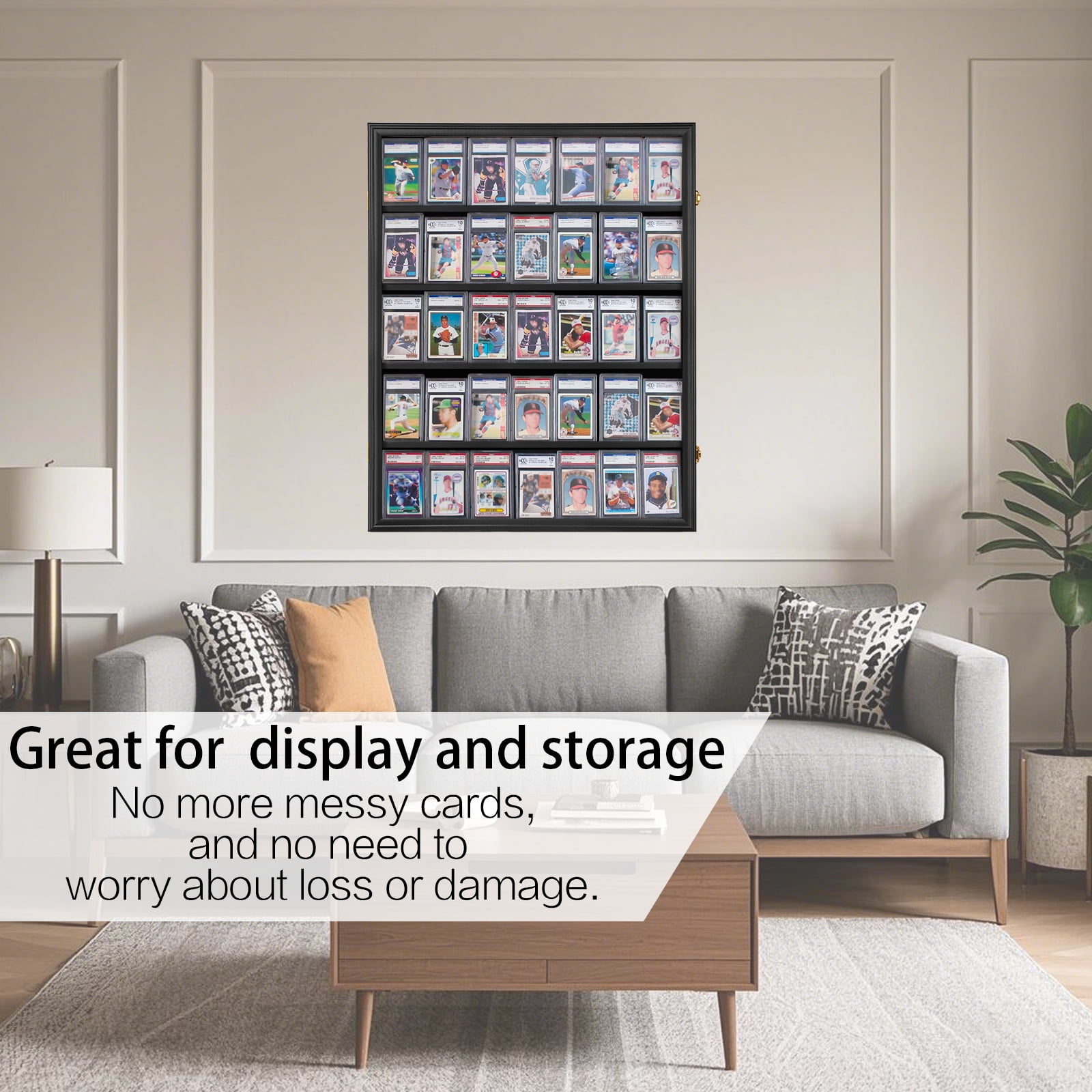 CRDC Graded Sports Card Display Case Wall Mount Wood Frame with UV Protection (Black, 35-Card Capacity) hxenp