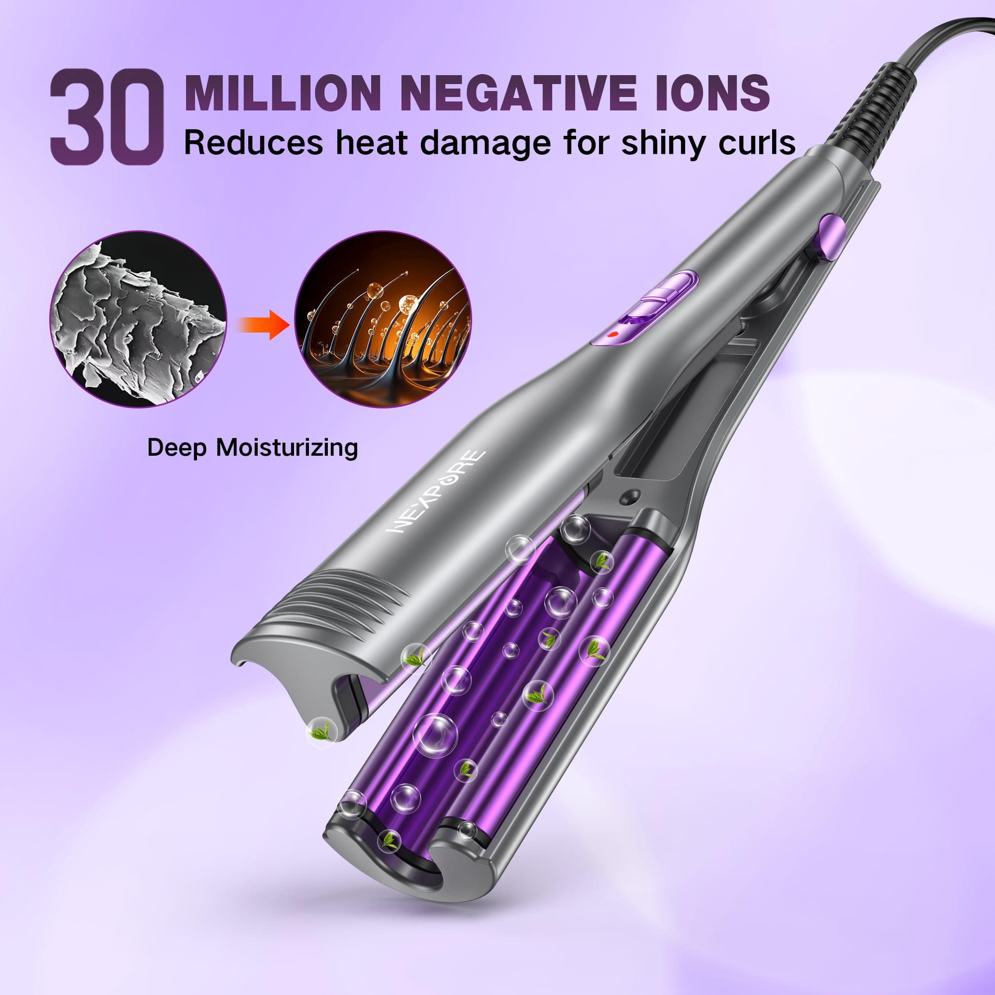 NEXPURE 3 Barrel Curling Iron Waver, Ionic Ceramic Hair Crimper Tool for Bouncy Waves (Purple, 0.8 in) a8bbv