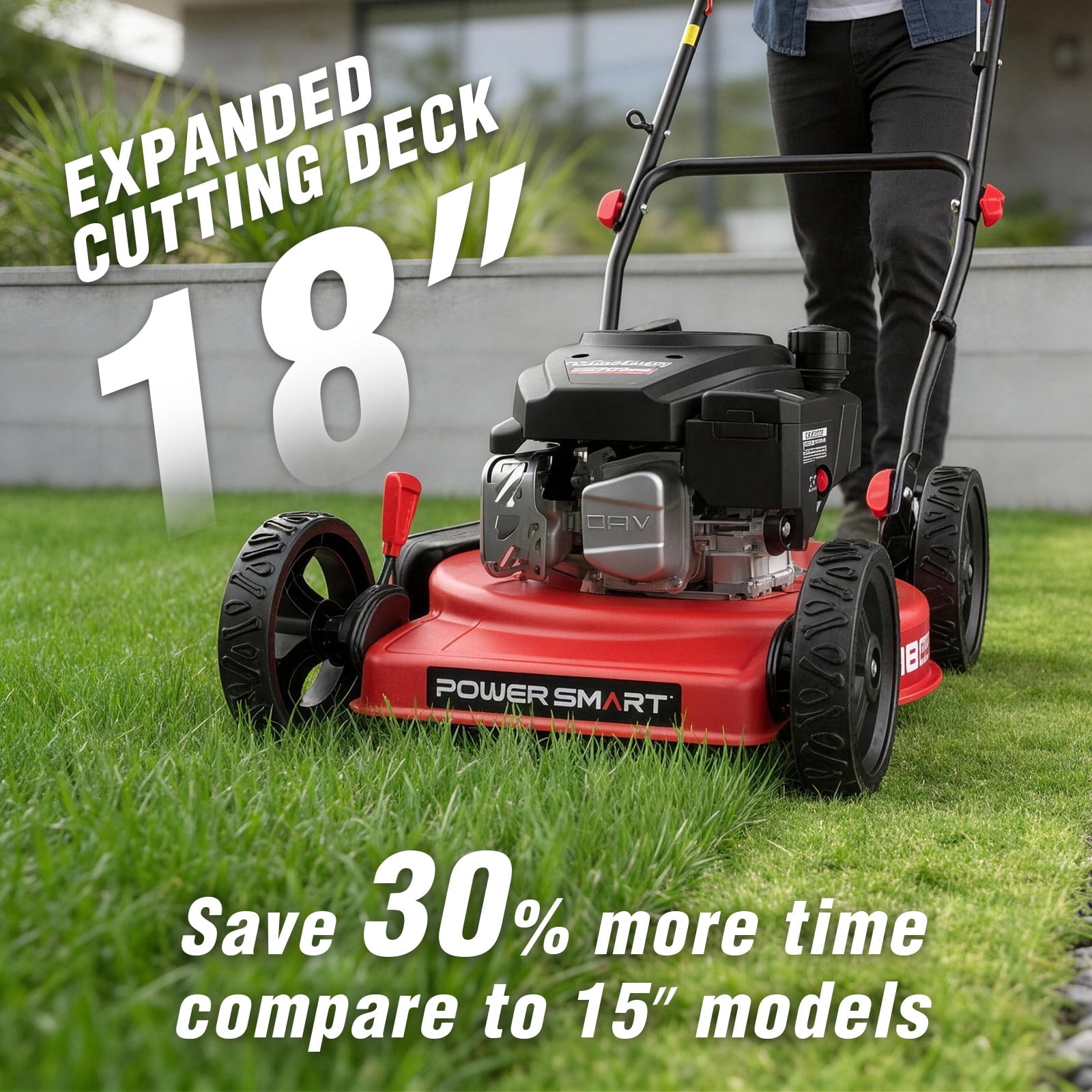 PowerSmart 18 in 144cc Gas Lawn Mower, Push Mower with 5-Position Height Adjustment and Foldable Steel Deck (18 in) cr1h8