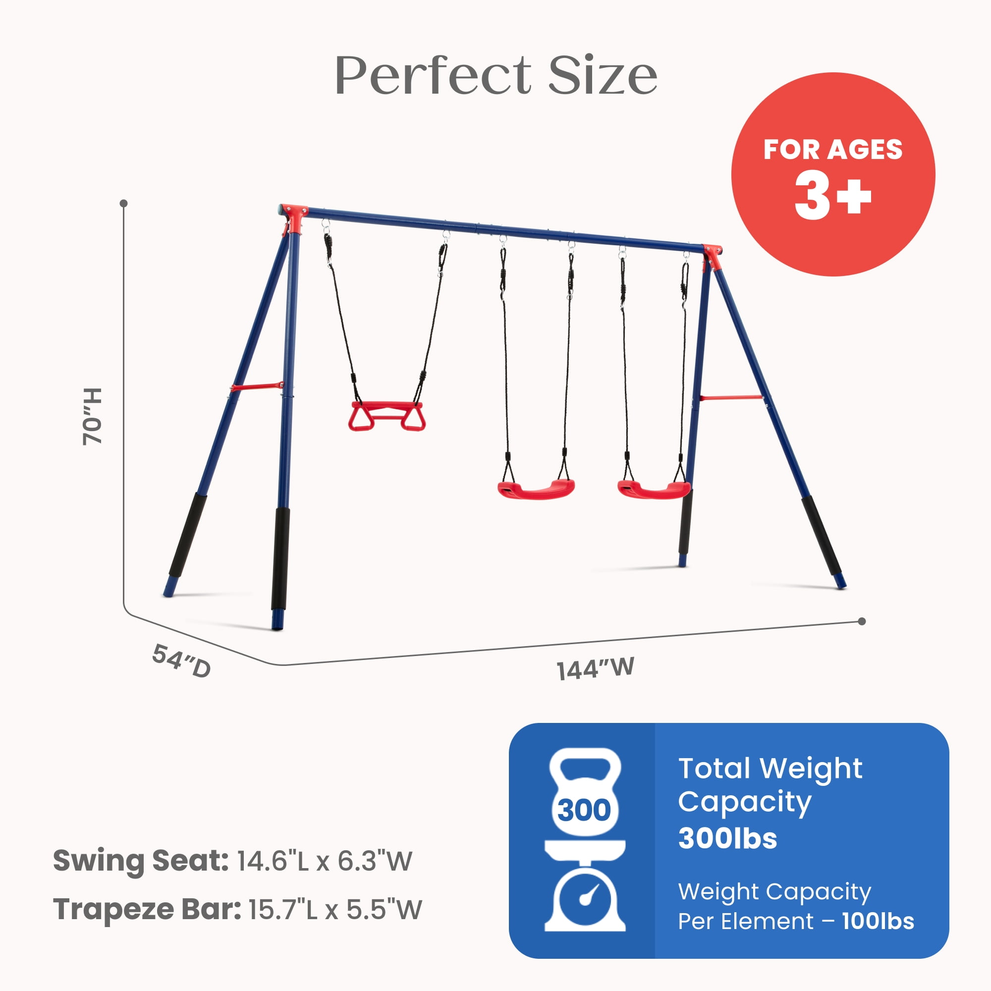 Delta Children FunZone Outdoor Metal 3-Piece Swing Set with 2 Swings and 1 Trapeze Bar (Blue/Red, 144 in W x 54 in D x 70 in H) e1y6s