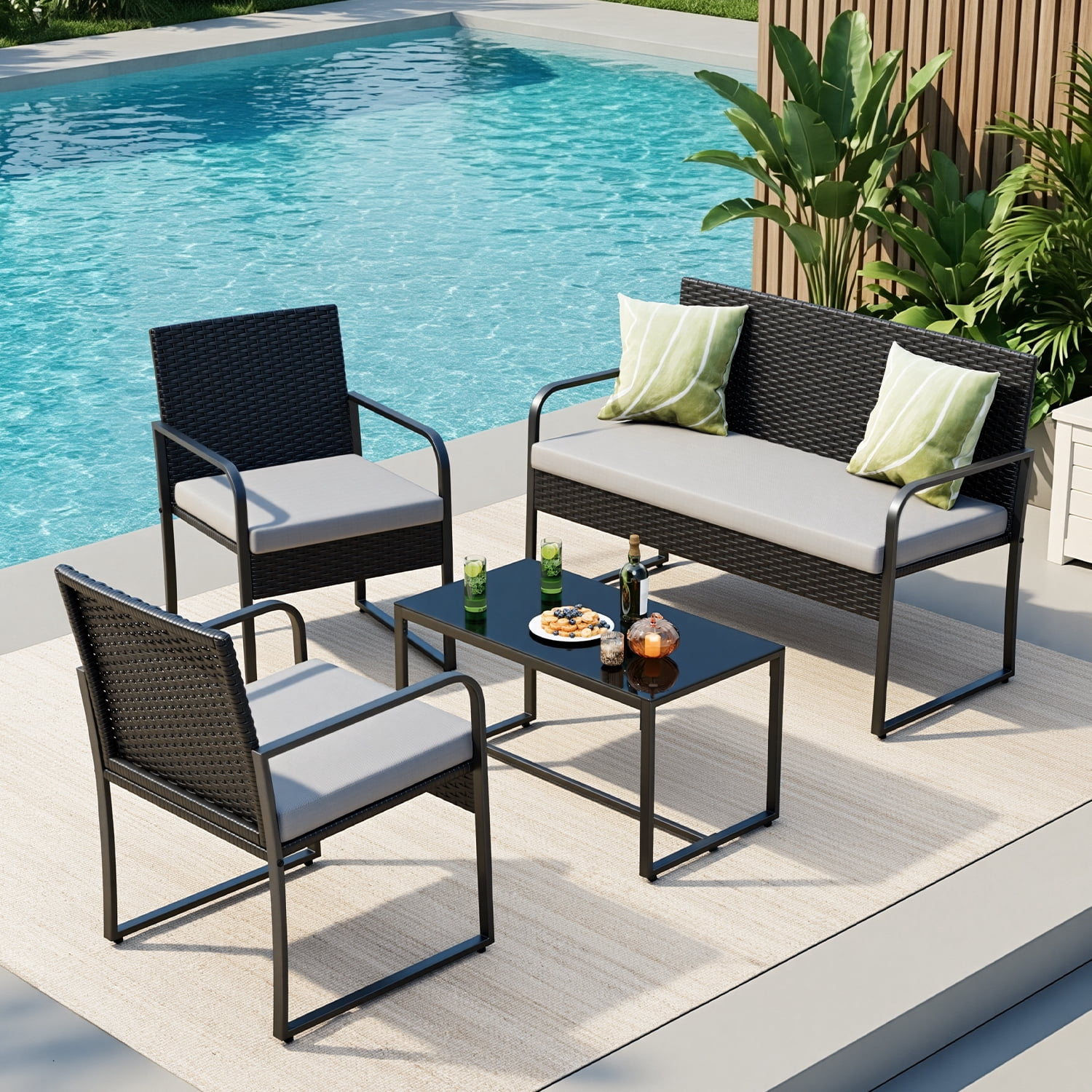 Aiho 4-Piece Patio Furniture Set All-Weather Steel Outdoor Seating with Tempered Glass Coffee Table (Dark Grey, 4-Piece) yiqm9