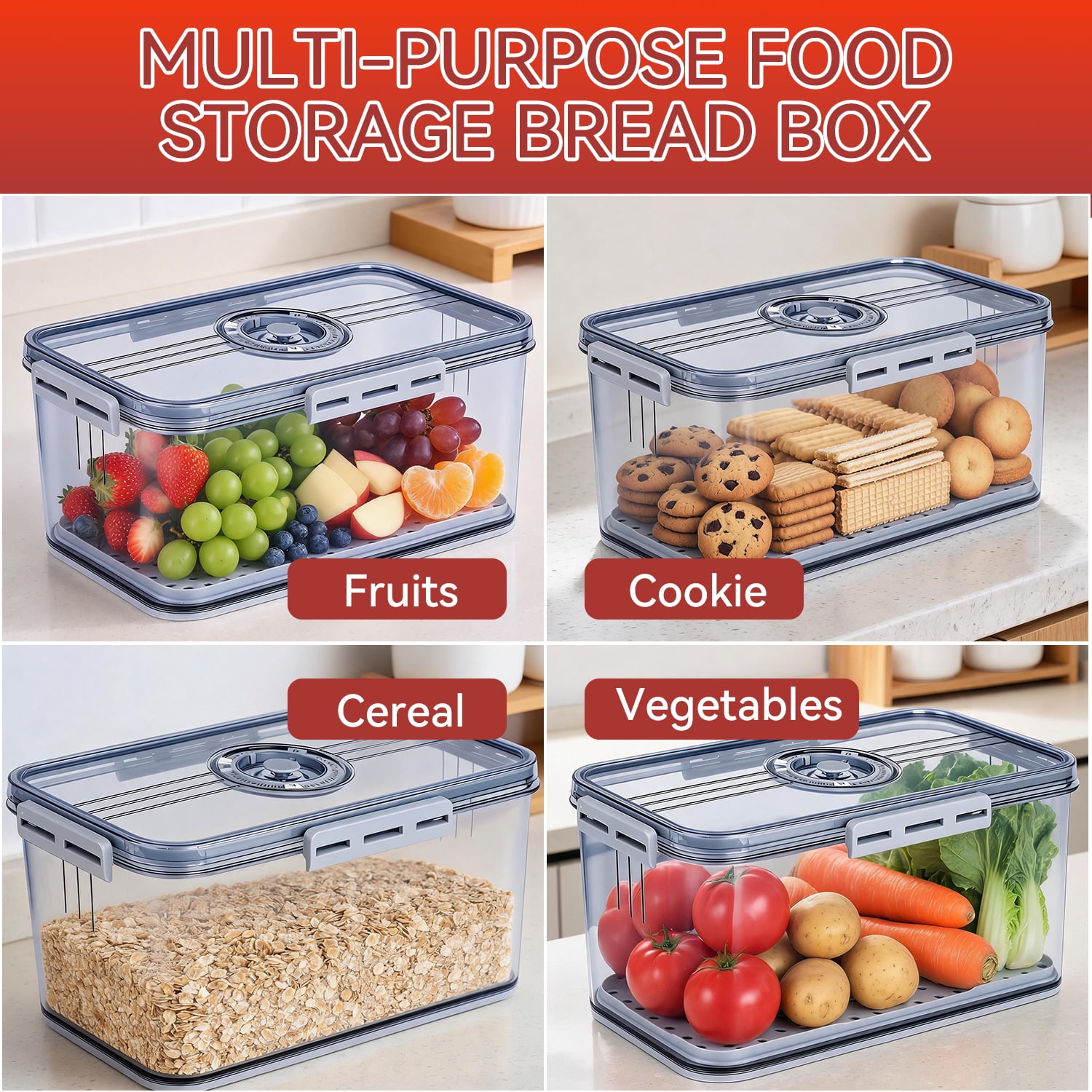 JUNLIN Airtight Bread Box with Time Recording Lid, Kitchen Countertop Food Storage Container (Gray, 12.6 in x 6.7 in x 5.9 in) iqi3r