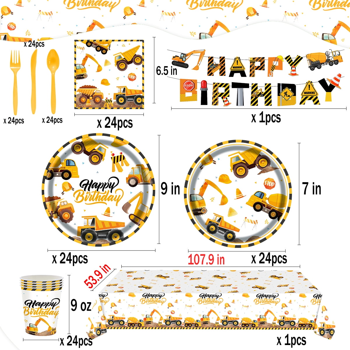 Kabuer Construction Birthday Party Supplies Set with Plates Napkins and Tablecloth (Serves 24) tdq6f