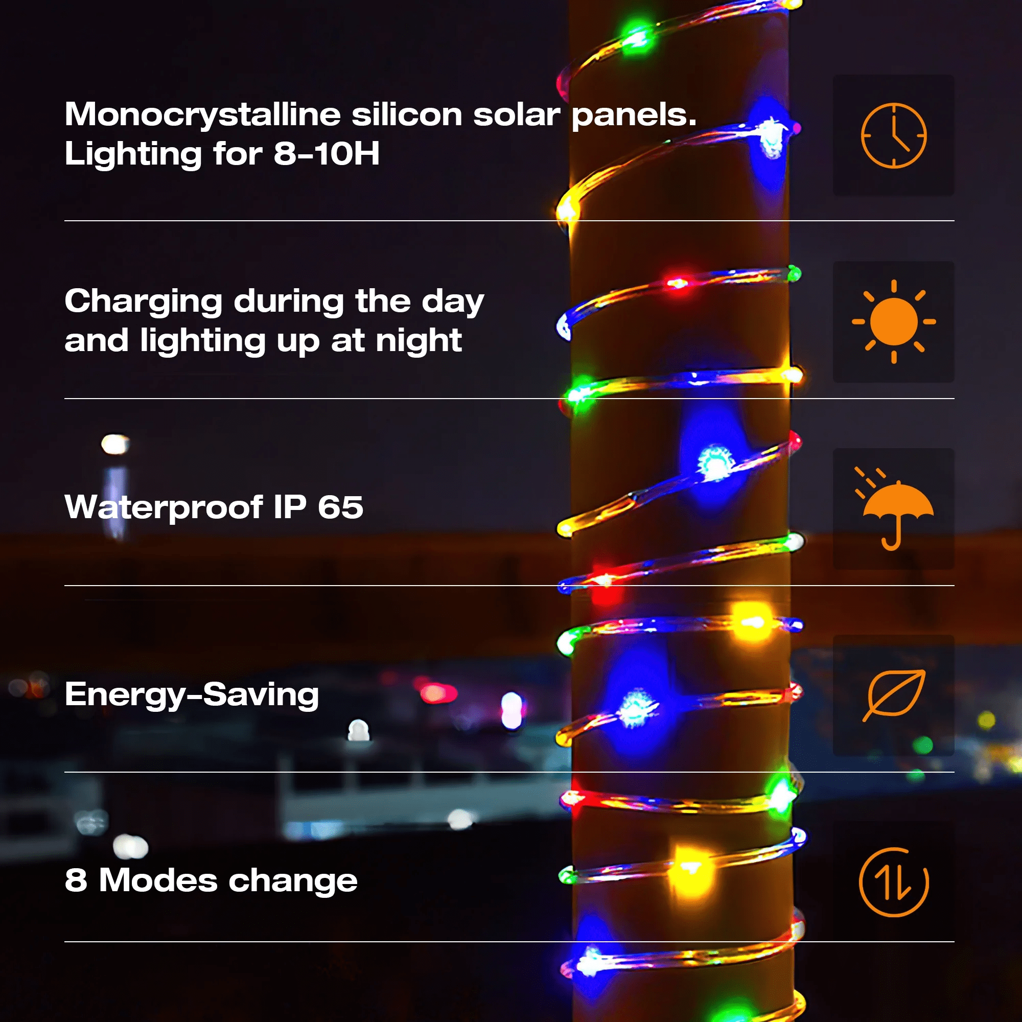 Volivo Solar Rope Lights Outdoor Waterproof LED Fairy Lights with 8 Lighting Modes (Multi-color, 66 ft) sncwx
