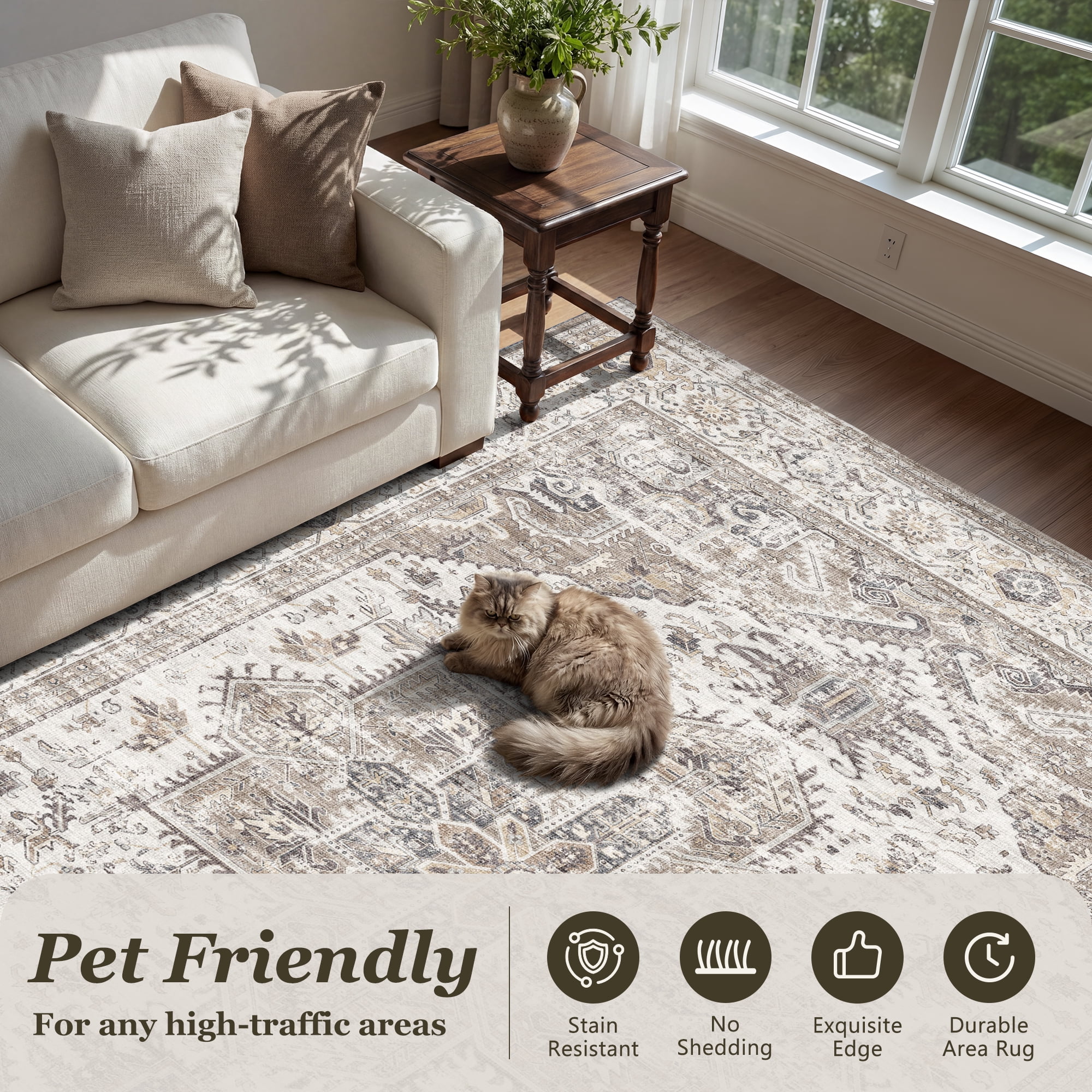 SIXHOME Washable Area Rug Vintage Medallion Distressed Carpet for Living Room and Bedroom (Taupe, 8 ft x 10 ft) 55bux