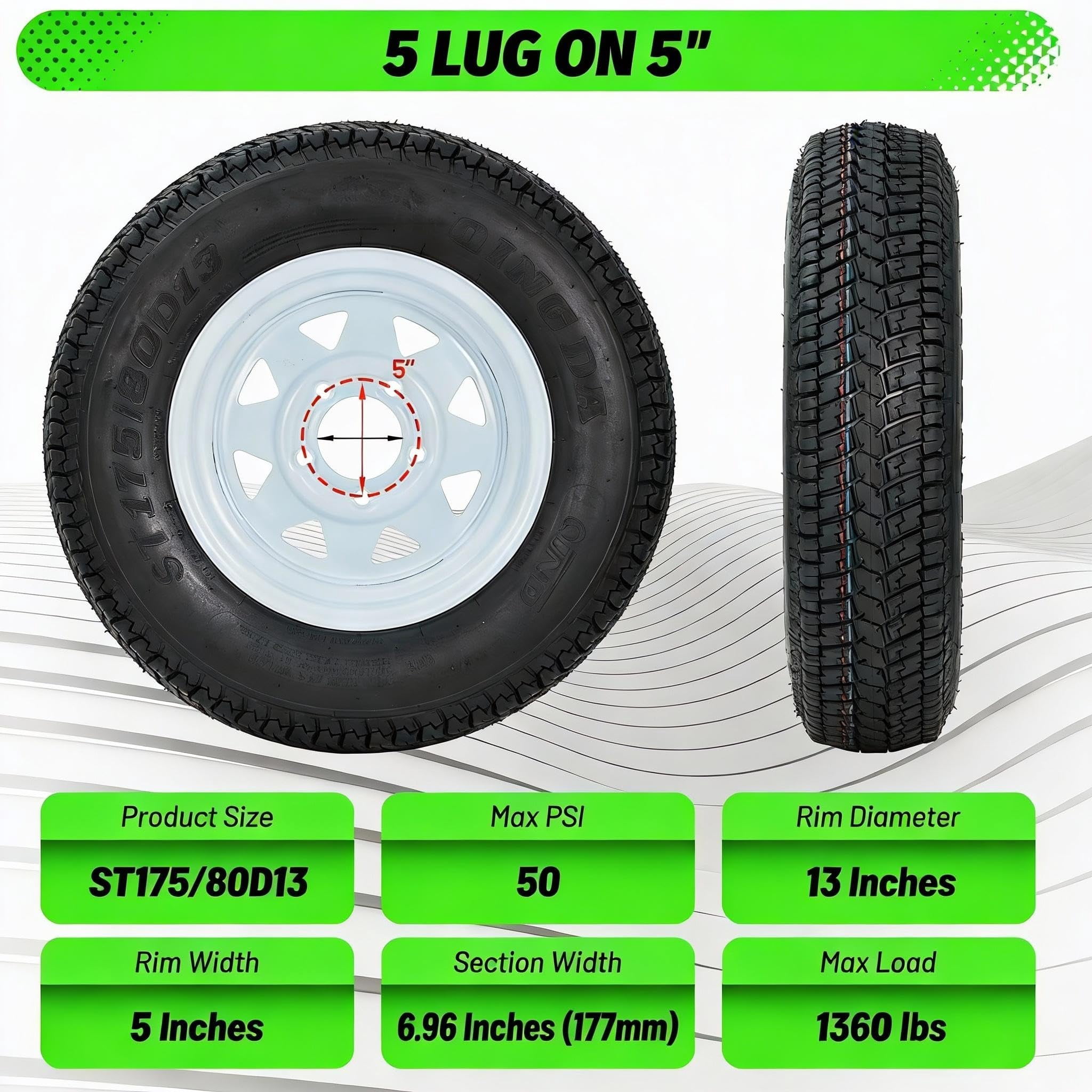 MERXENG ST175/80D13 Trailer Tires on Rim (White Spoke, 2-Pack, 13 in) 7vb4b