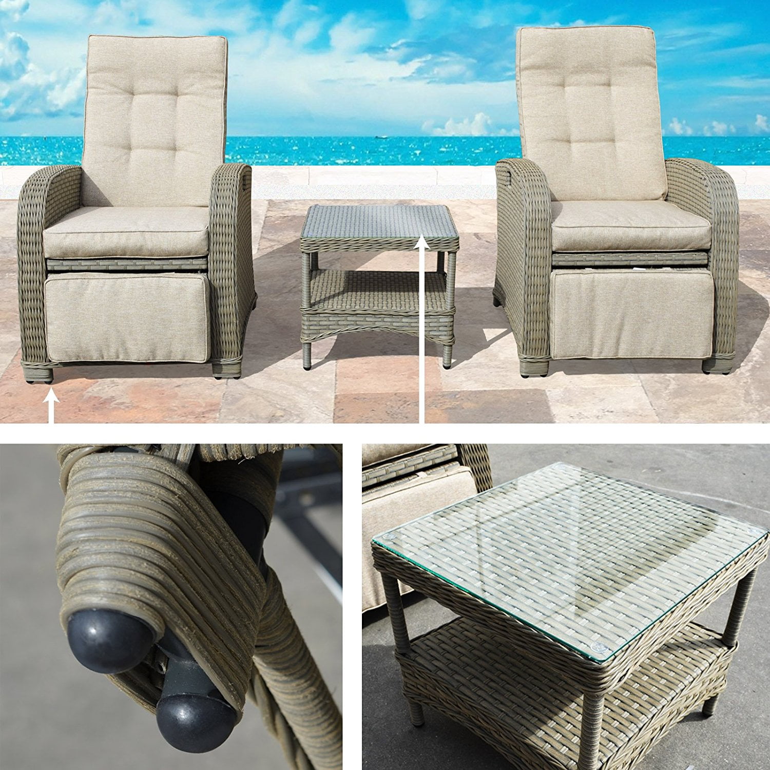 Sunny Wicker Rattan Patio Bistro Set with Cushions (3-Piece Set) 3bzw6