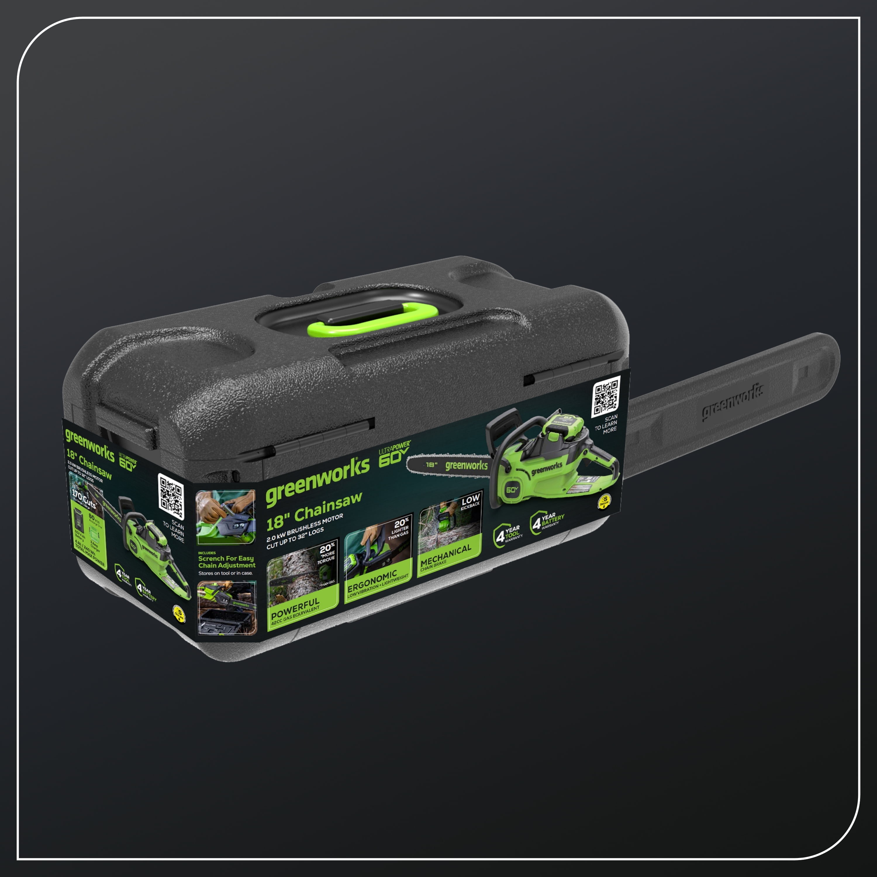 Greenworks 60V 18 in Brushless Chainsaw with 4.0 Ah Battery and 3 Amp Charger (Green, 18 in) yqokq