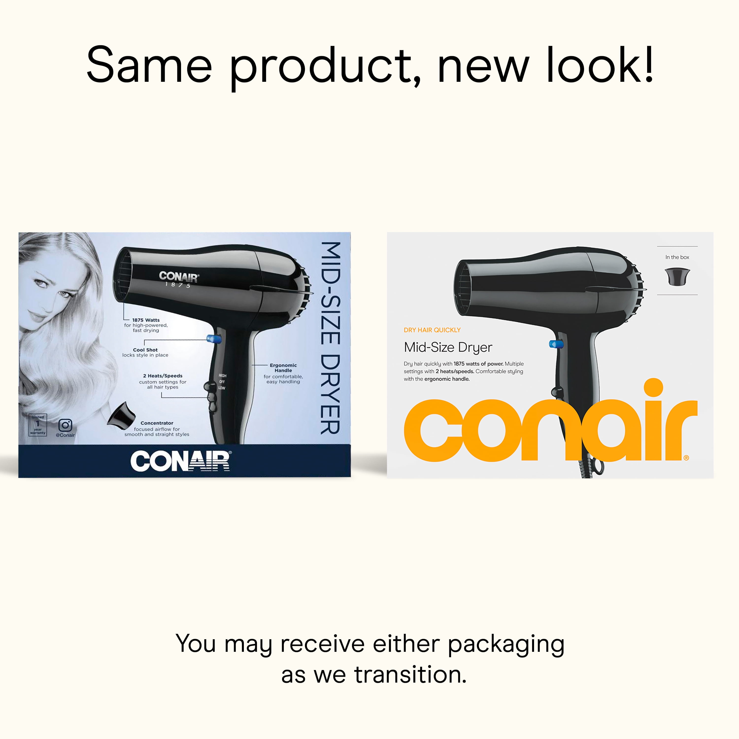Conair Mid-Size Hair Dryer with Concentrator Attachment, Lightweight Ergonomic Design (Black) uh15v