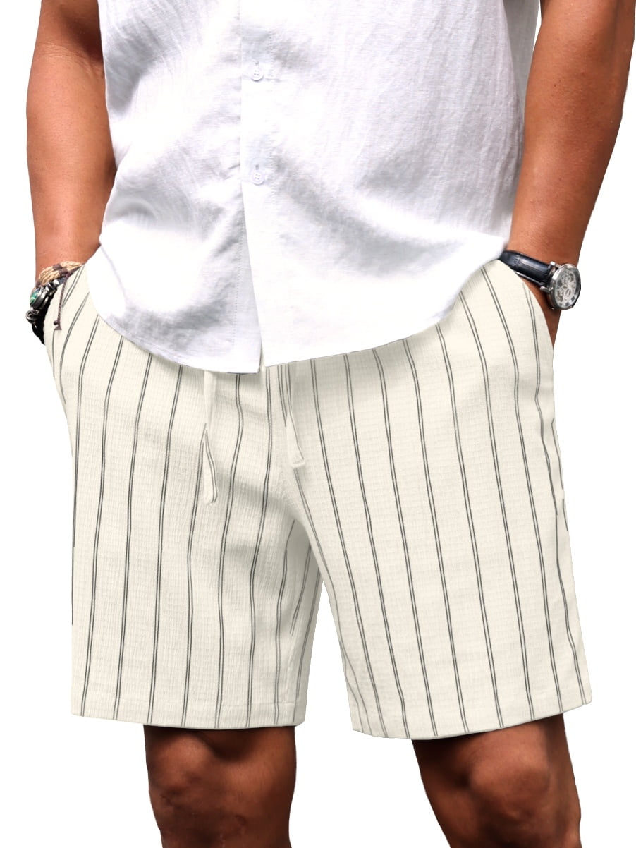 GIRUNS Mens Casual Striped Shorts Lightweight Beach Drawstring Elastic Waist with Pockets (White, L) z5k86