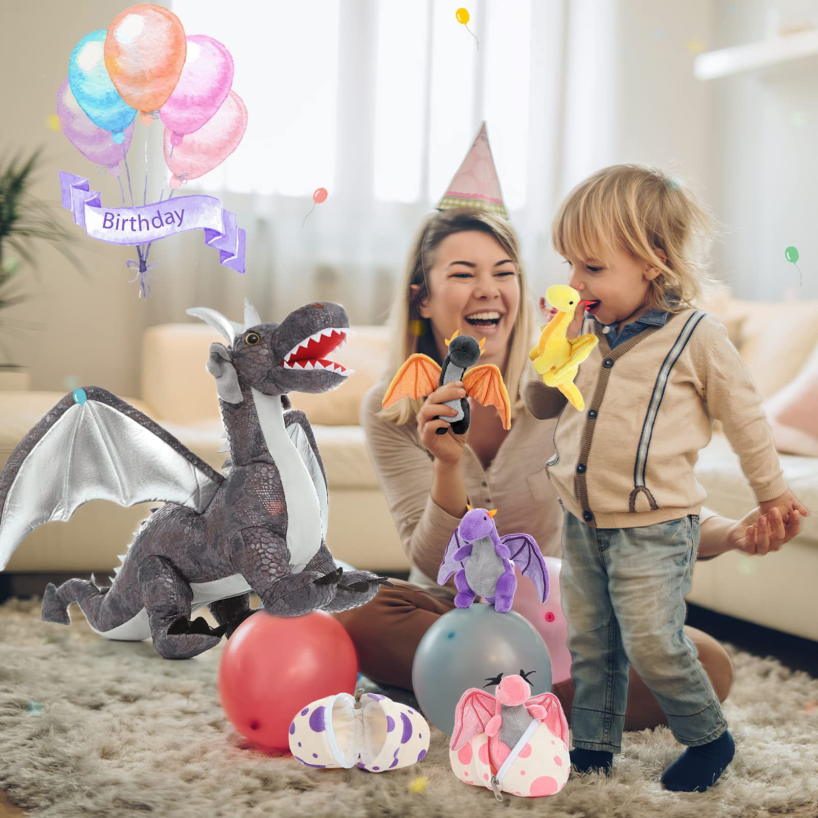 MaoGoLan Dragon Plush Set, Large Stuffed Mommy Dragon with 4 Babies and 2 Eggs (Grey, 21.6 in) fqjxr