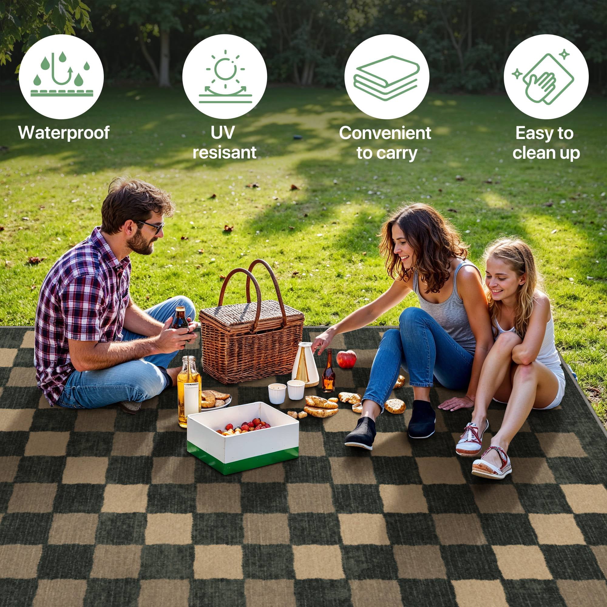 DEORAB Outdoor Rug, Chenille Patio Area Rug, Non-Slip Waterproof Camping Mat for RV and Deck (Blue Black & Brown, 8 ft x 10 ft) 3hcb2
