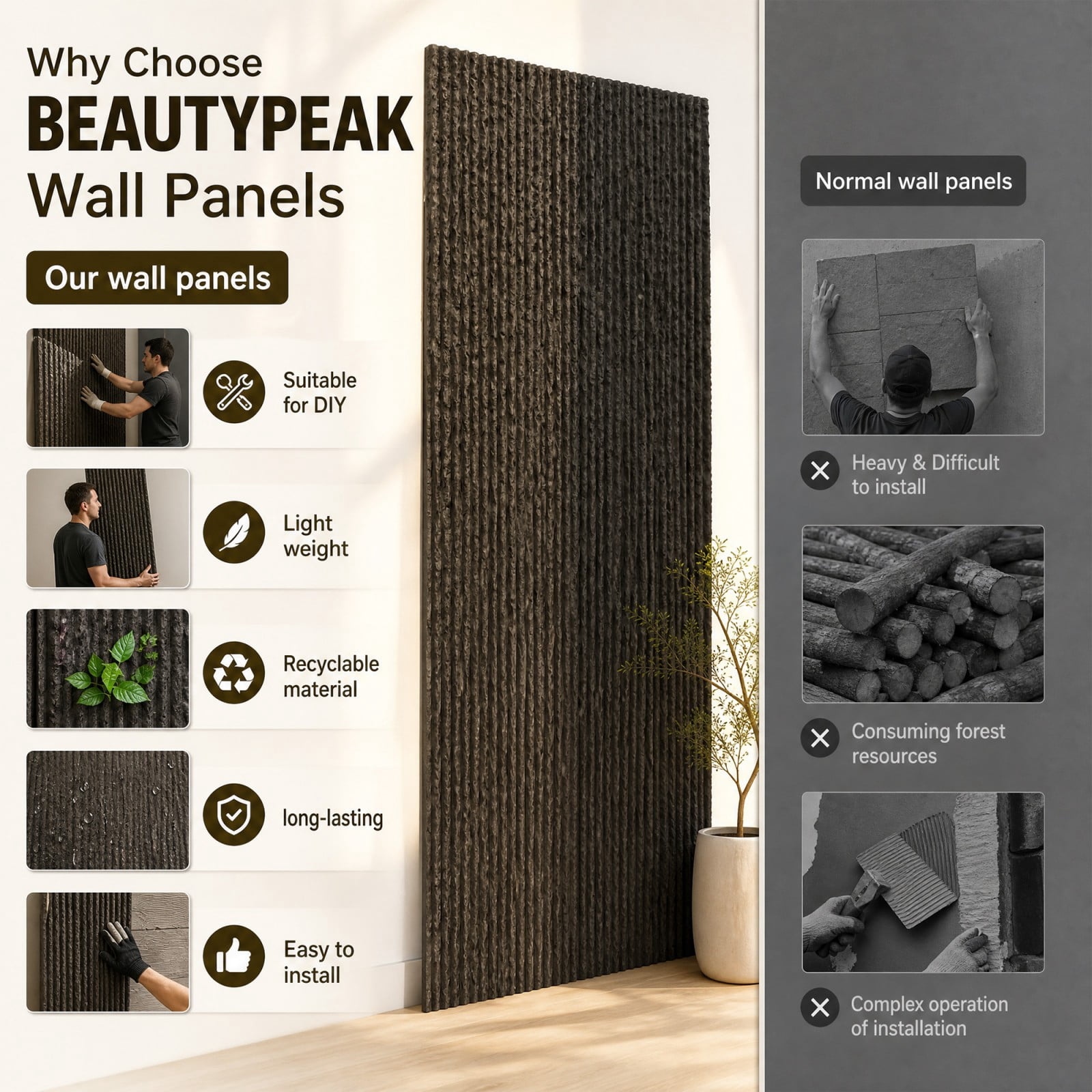 BEAUTYPEAK 3D Wall Decor Panels Faux Stone Siding for Interior Design (Carbon Black, 48 in x 24 in, 4 Pack) fdxln