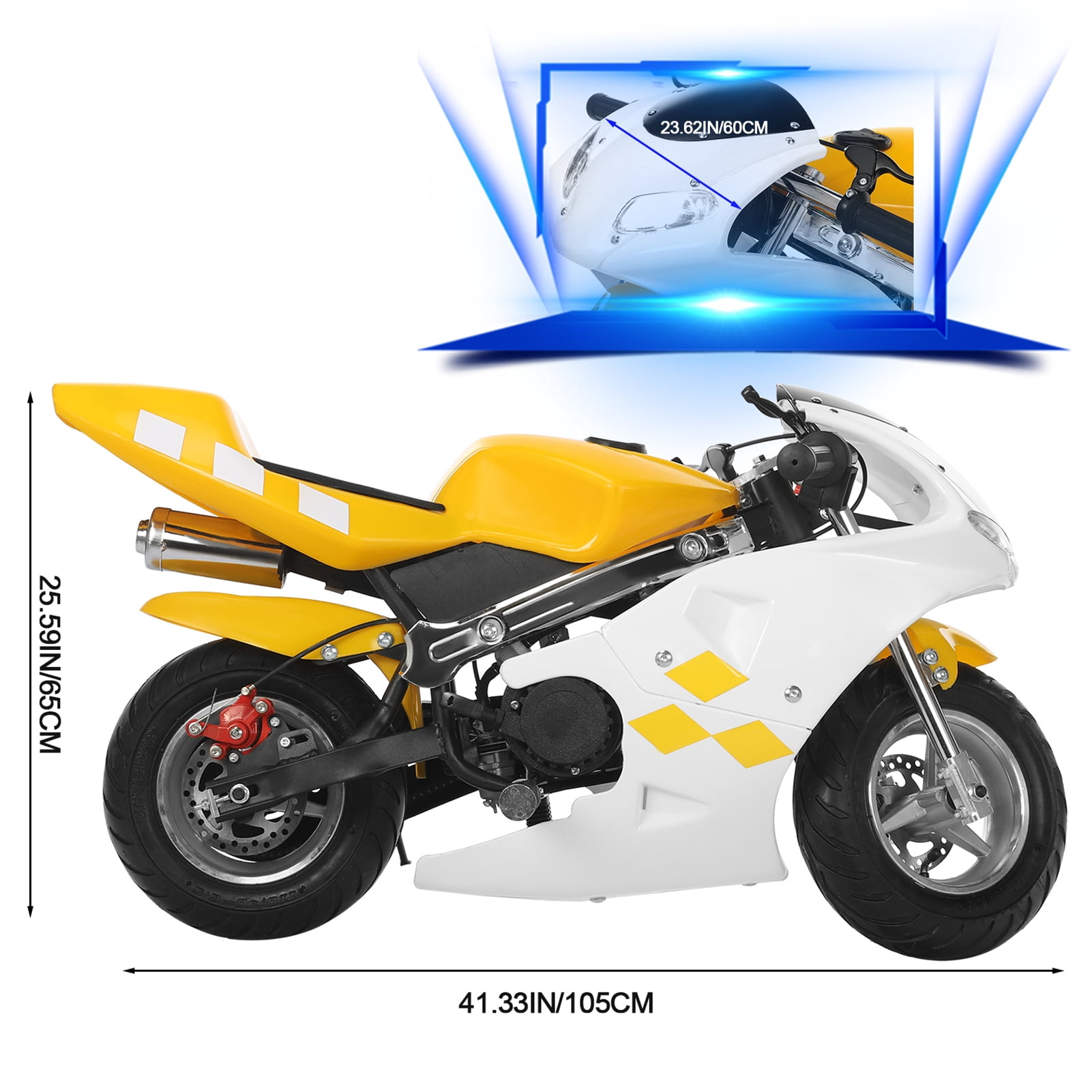 Aqyh Kids Gas Pocket Bike, 49cc 2-Stroke Mini Motorcycle with Dual Disc Brakes and Headlights (White and Yellow, 170 lb Max Load) caajz