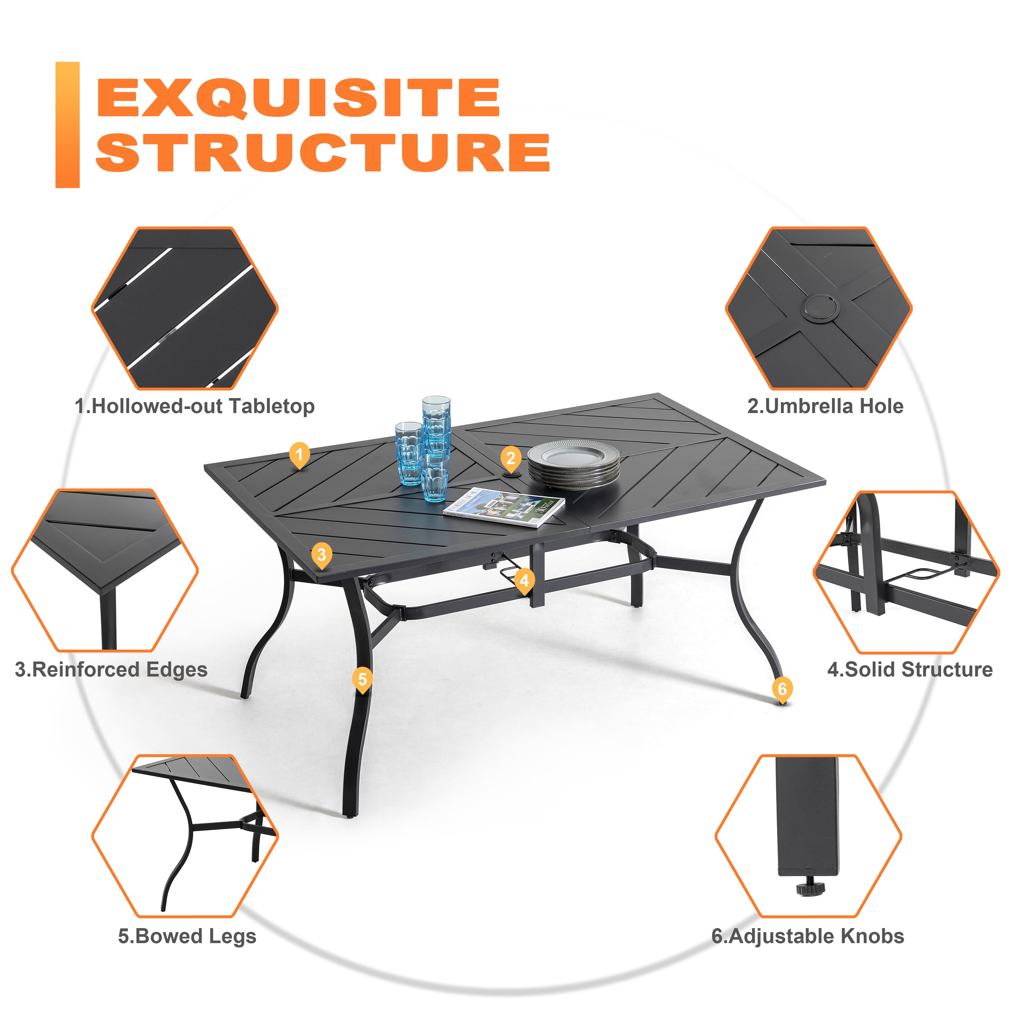 Nuu Garden 7 Piece Outdoor Dining Set, Padded Textilene Patio Chairs and 61 in Rectangular Table with Umbrella Hole (Grey & Black, 7 Piece Set) xlxqj