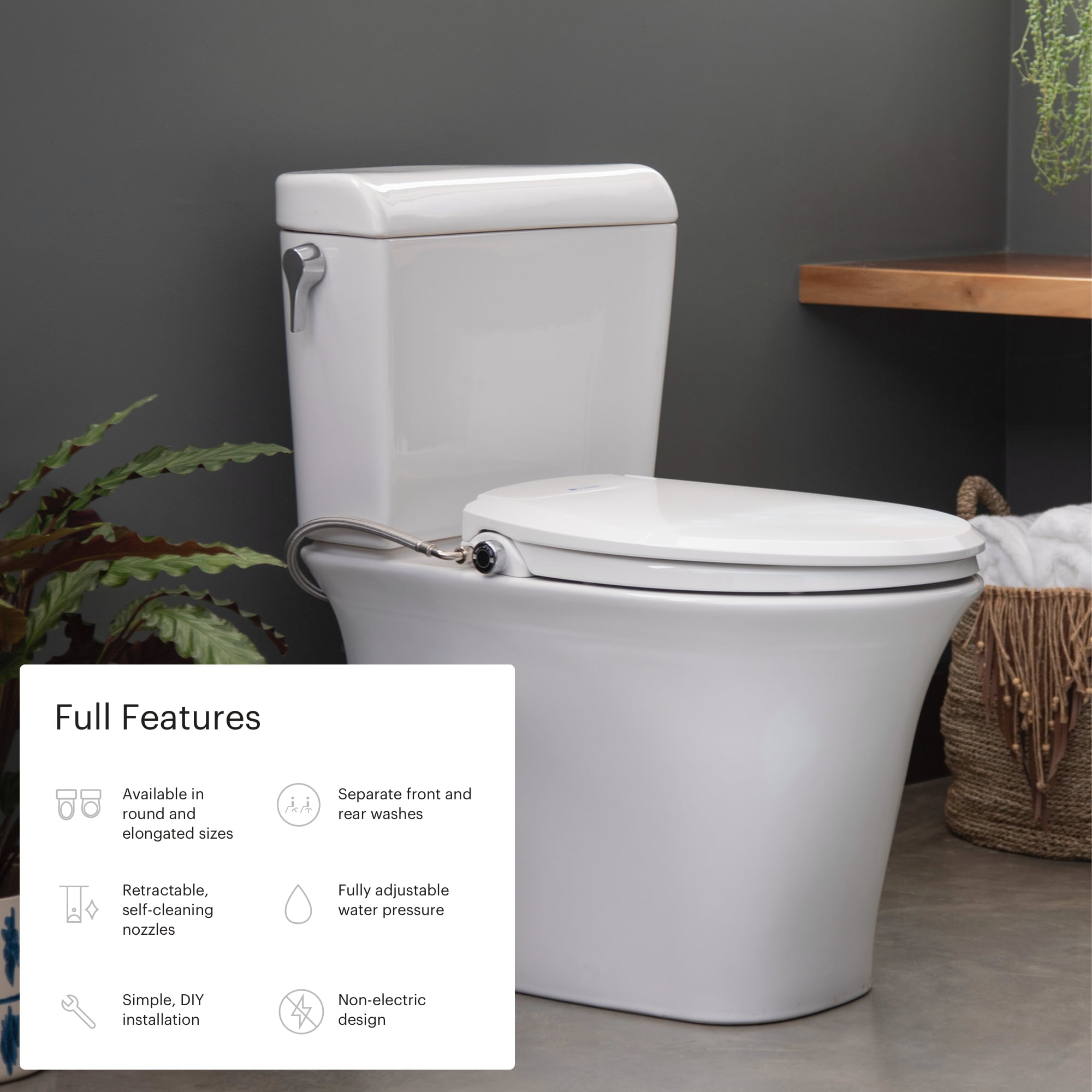 Brondell Ecoseat 101 Non-Electric Bidet Toilet Seat, Dual Nozzle System, Ambient Water Temperature, Fits Elongated Toilets (White, 20.03 in x 14.39 in x 2.55 in) agueb