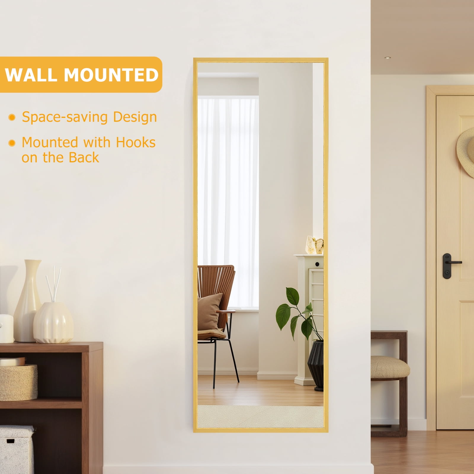 Blorly Full Length Mirror, Arched-Top Floor Mirror with Stand, Freestanding or Wall Mounted Full Body Mirror (Gold, 59 in x 16 in) zqz2q