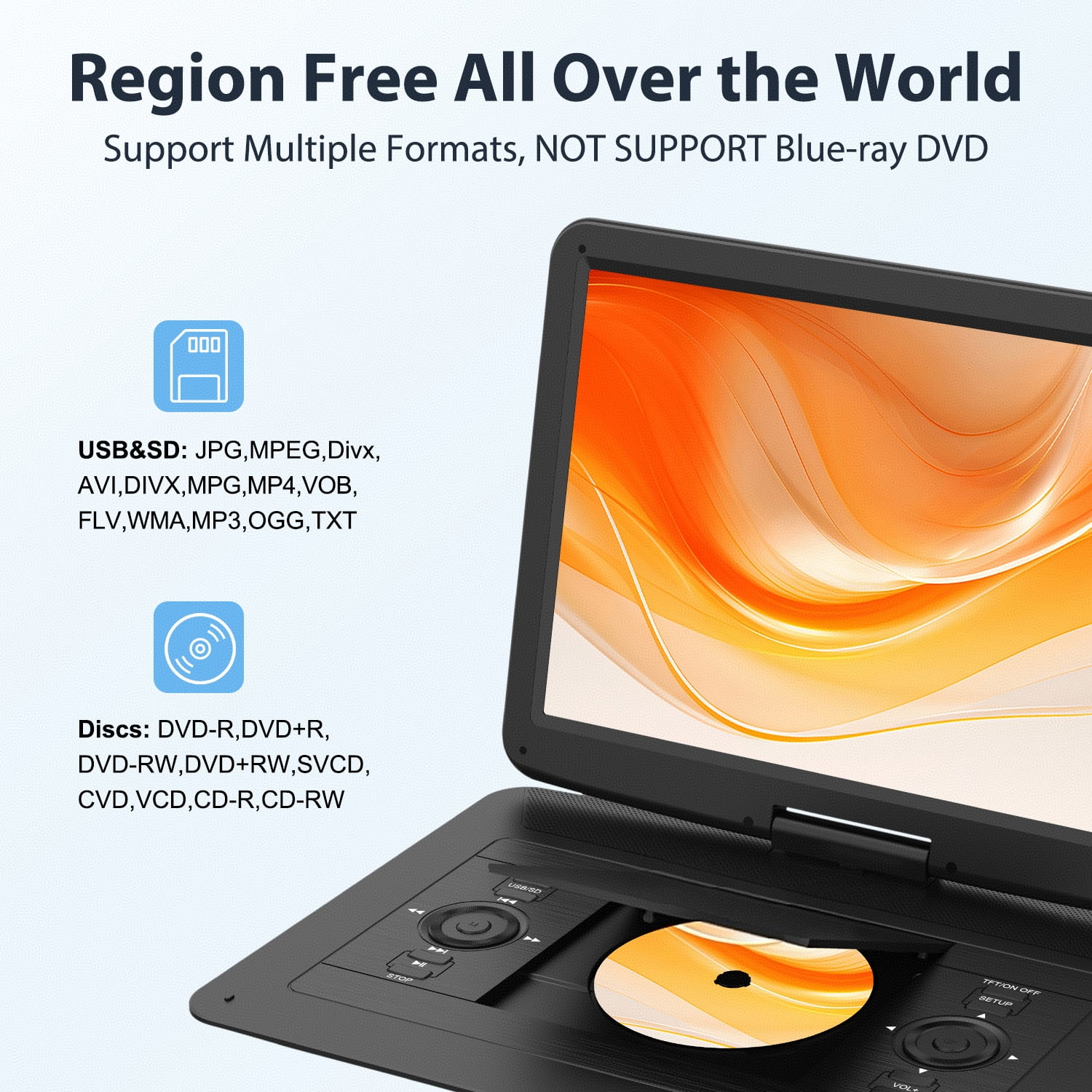 TENKER Portable DVD Player with 15.6 in HD Swivel Screen (Black, 17.9 in) lh47h