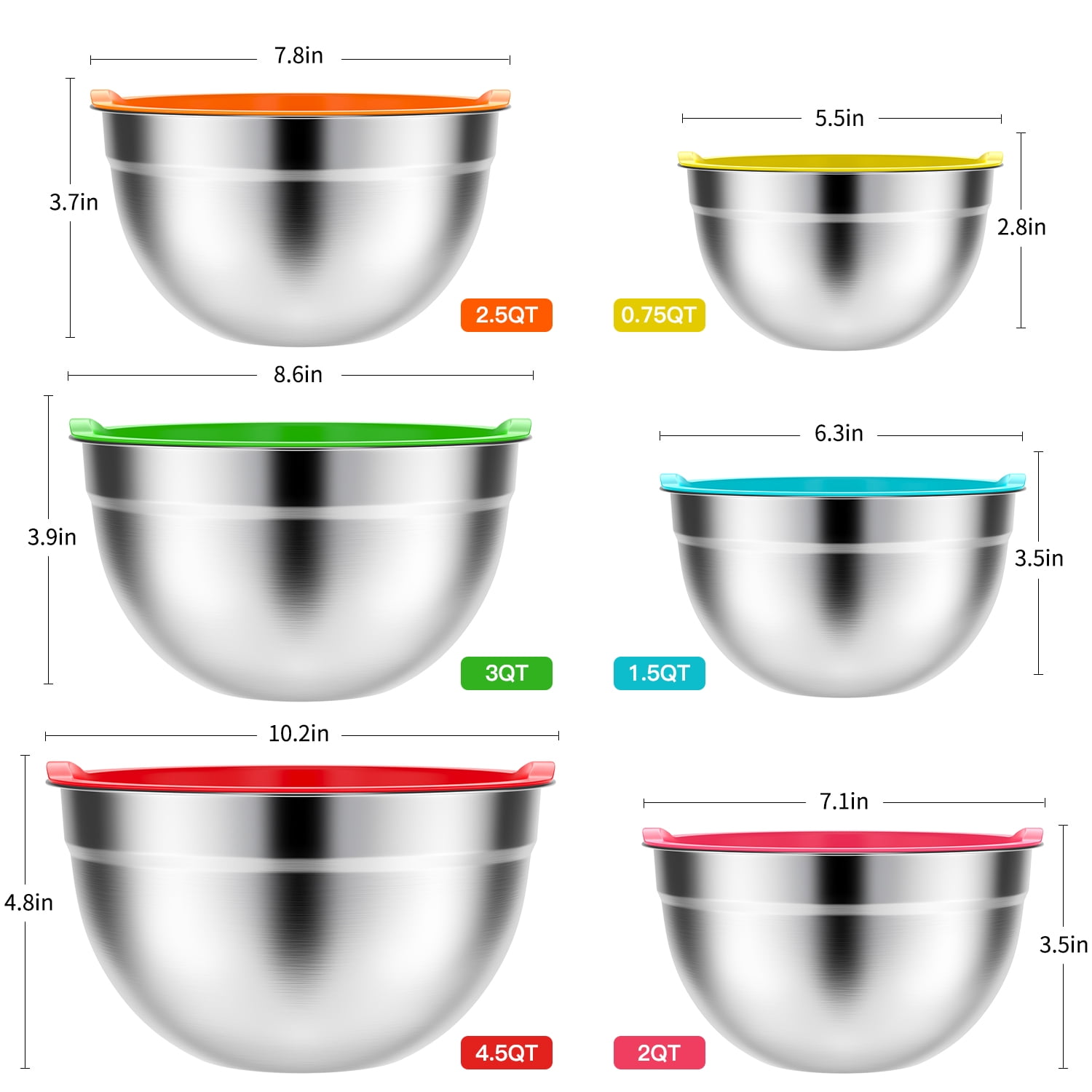 TINANA Stainless Steel Mixing Bowls with Lids, Nesting Kitchen Prep Bowls Set (Multicolor, 6 Pack, 0.75 to 4.5 qt) jzt5v