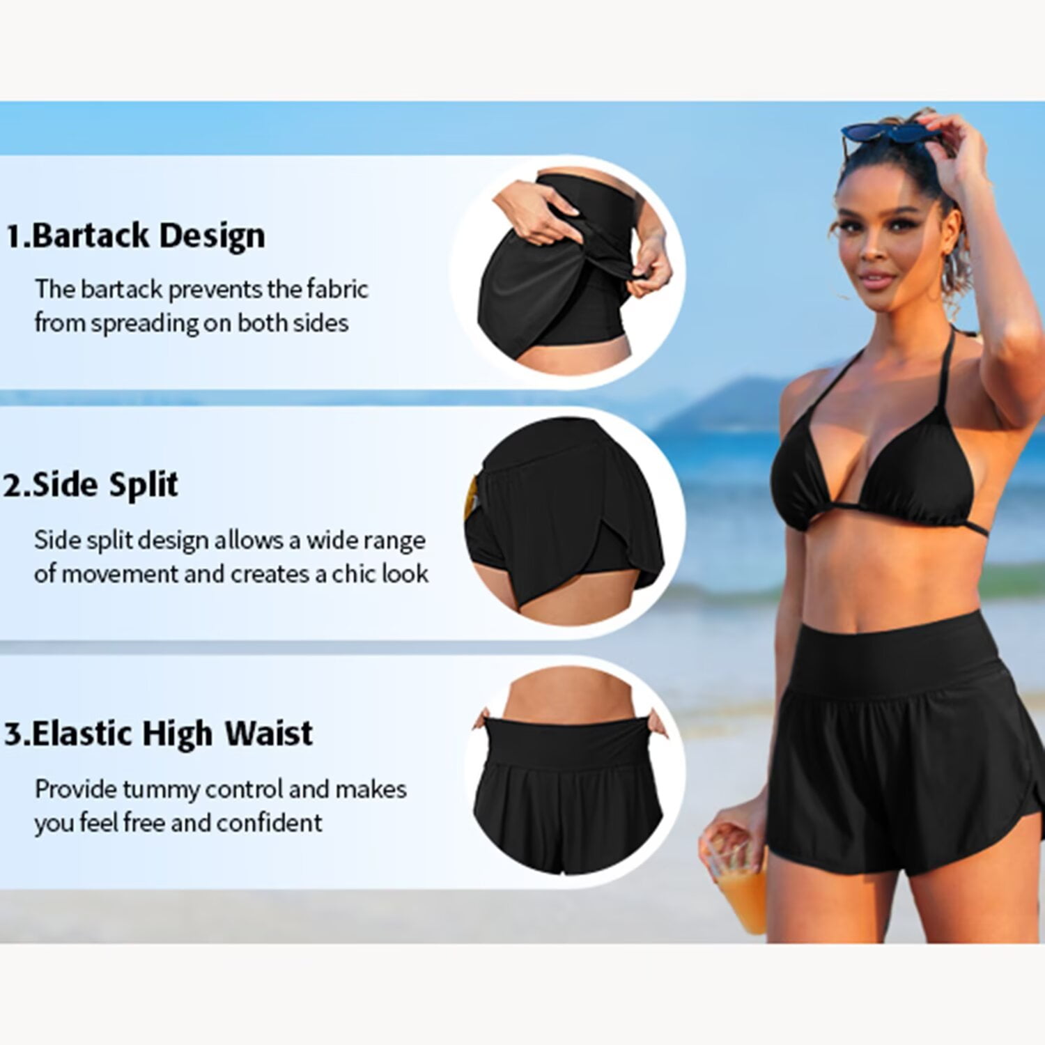 Charmo Womens High Waisted Sport Swim Shorts with Pockets and Mesh Lining (Black, S) 4rifr