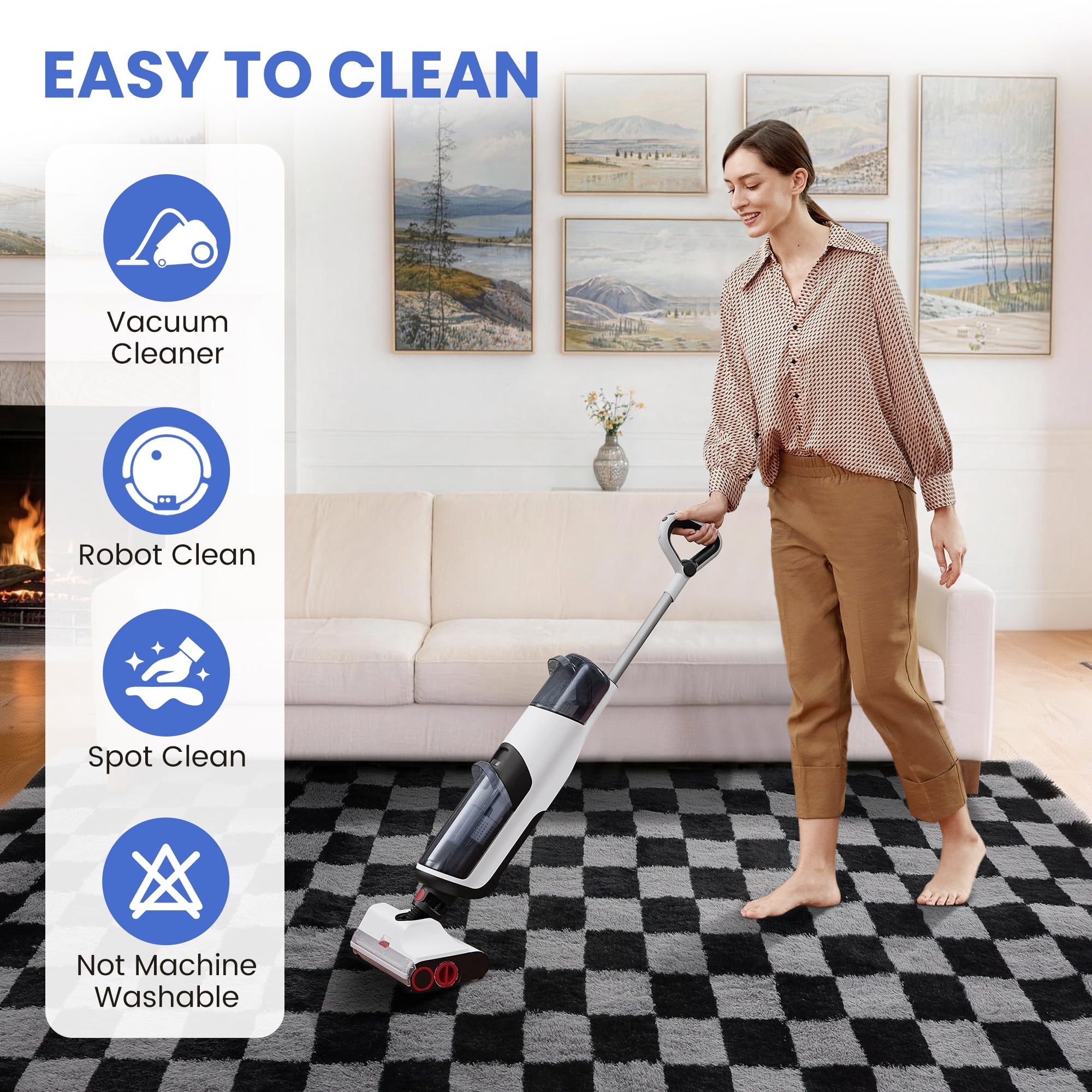 Cozydesg Shag Area Rug, Soft Fluffy Checkered Floor Carpet, Non-Slip Washable Rug for Living Room and Bedroom (Black & Grey, 5 ft x 8 ft) 1noe6