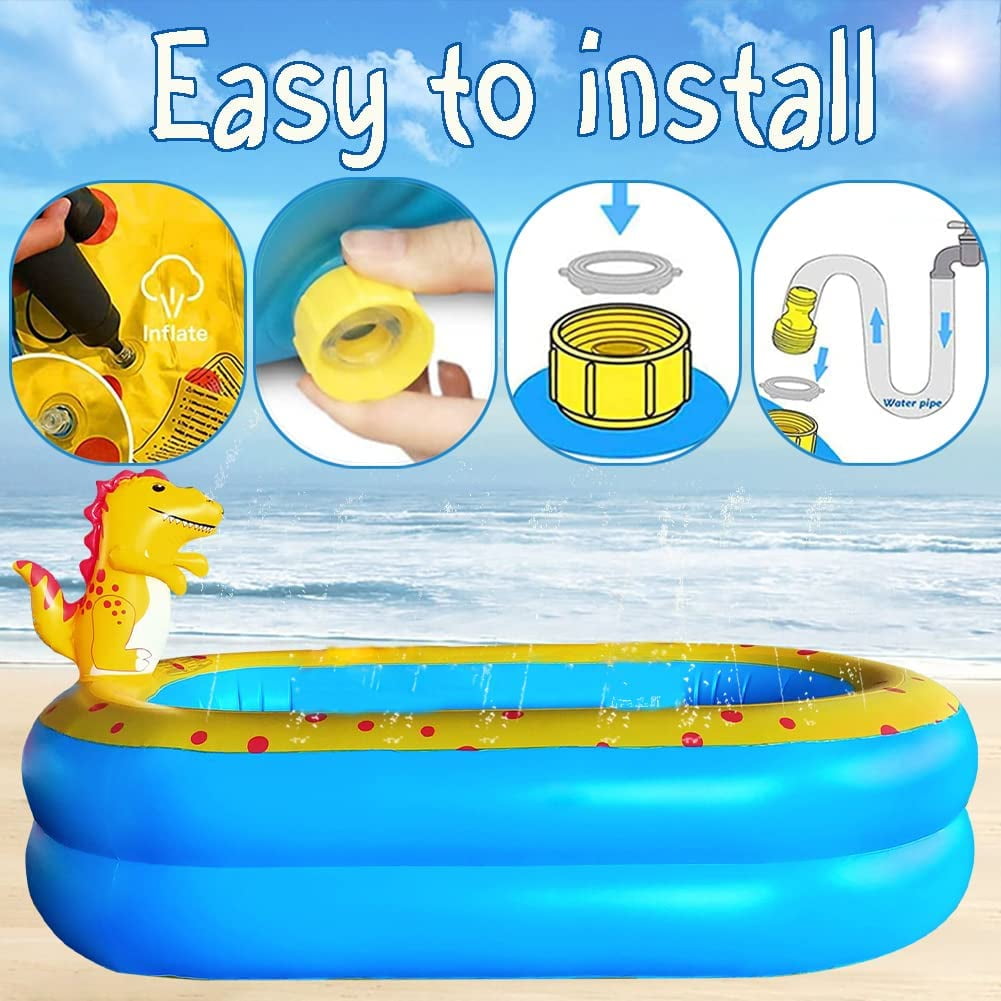 Swfoer Inflatable Dinosaur Pool for Kids, Outdoor Splash Pad with Sprinkler (Blue, 67 in x 41 in x 32 in) 4bl5d