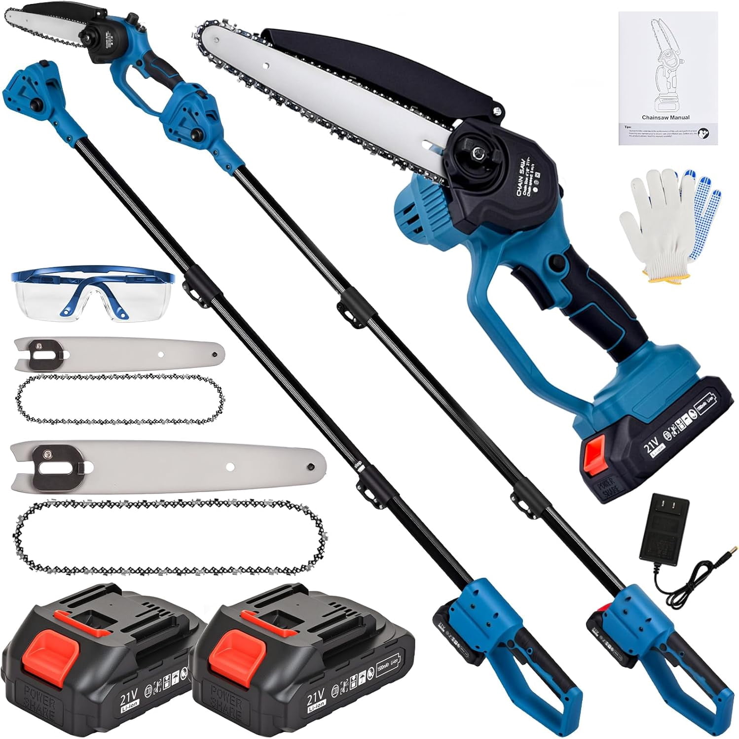 ADVWIN 2-in-1 Cordless Electric Pole Saw and Mini Chainsaw, Telescopic Tree Trimmer with 2 Batteries (Blue, 6 in and 8 in) emgzf