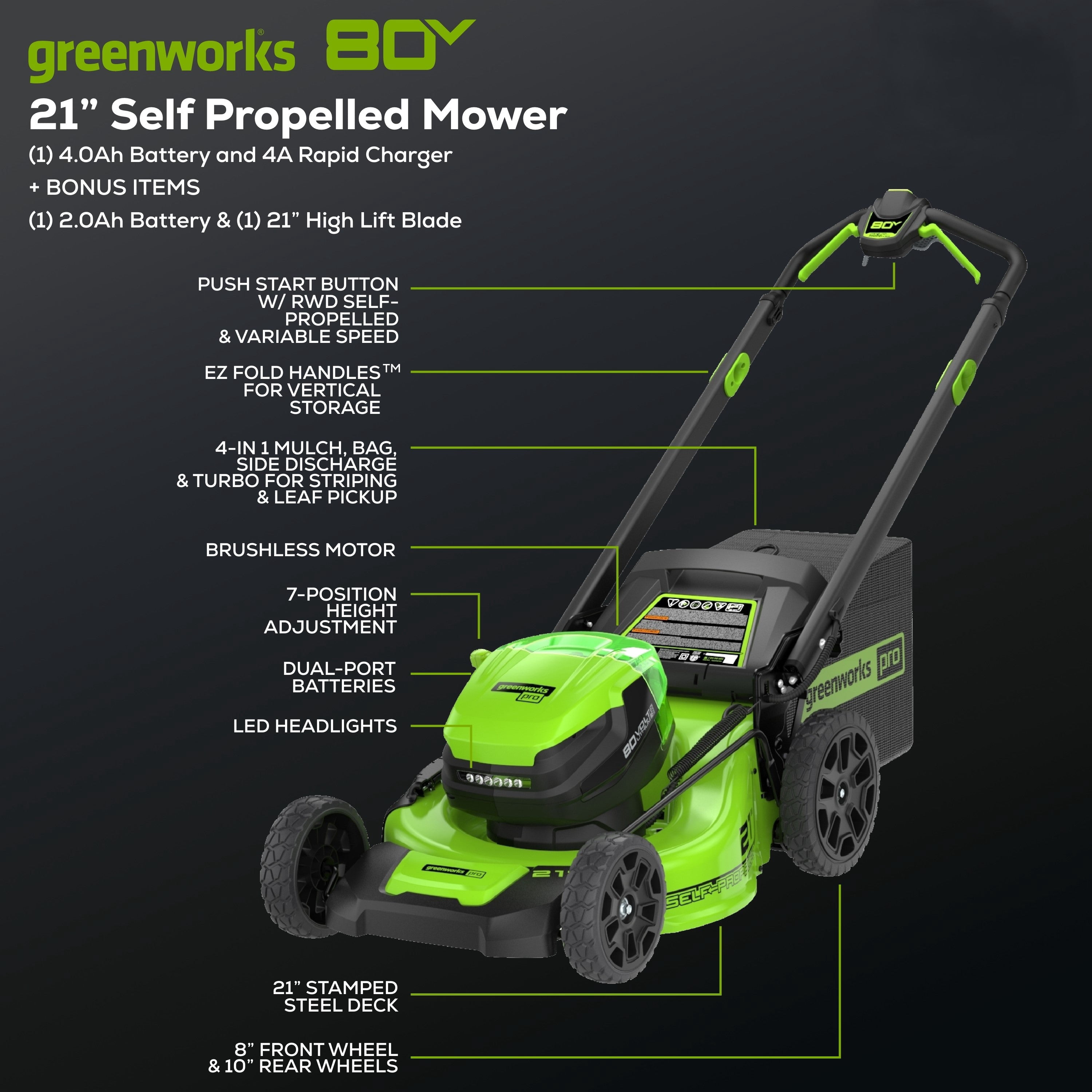Greenworks 80V Cordless Self-Propelled Walk-Behind Lawn Mower (Green, 21 in) m3yts