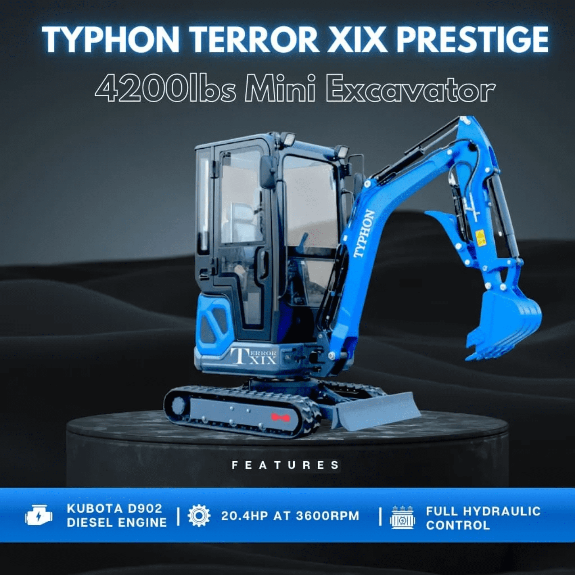 TYPHON Terror XIX Prestige Mini Excavator, Kubota D902 Engine, Retractable Tracks, A/C Cabin (Blue, 4200 lb) z1gue